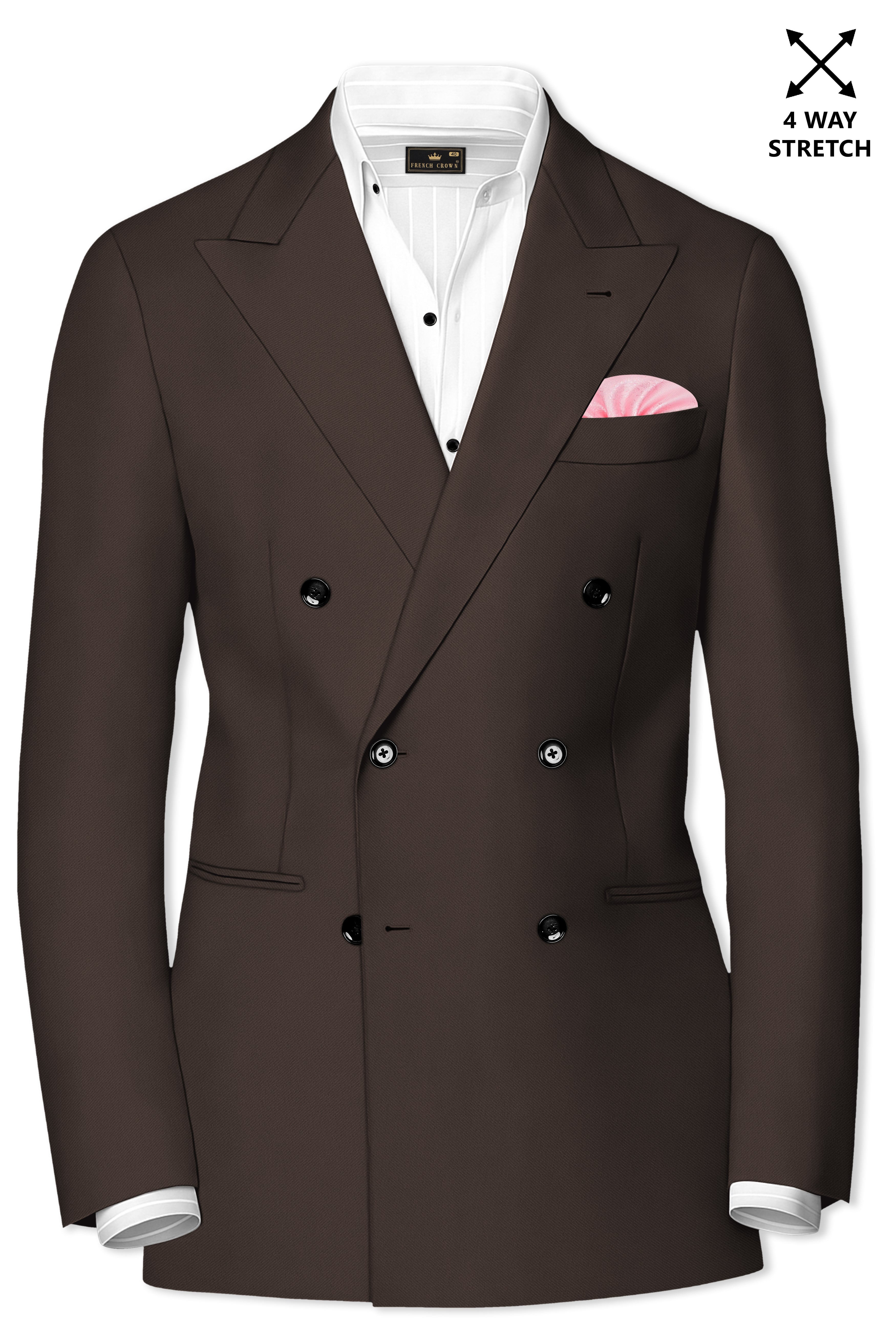 Serein-Korean Taupe Brown 4-Way Stretch Wrinkle-Free Wool Rich Double Breasted Blazer