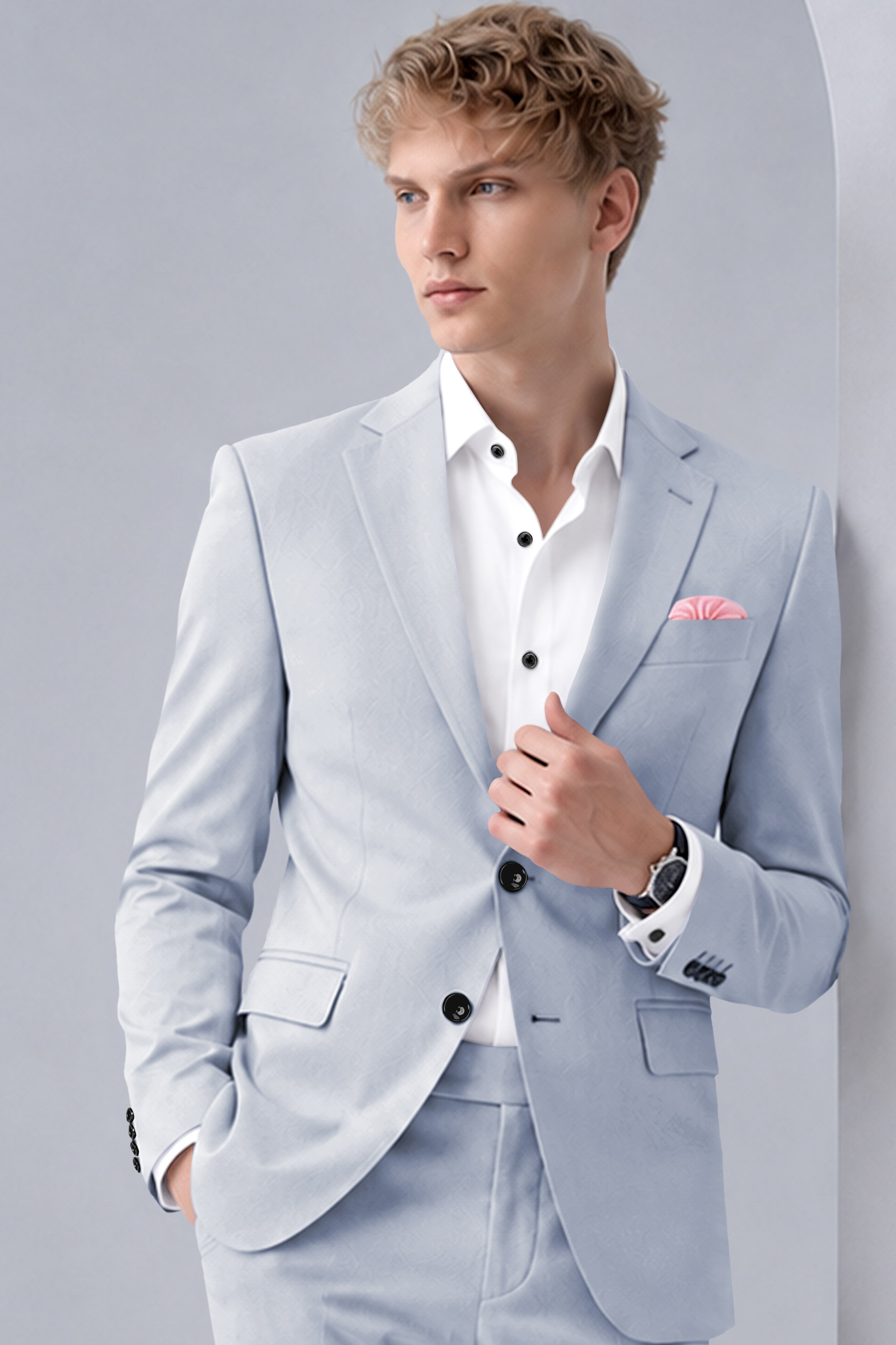 Azure-Periwinkle Gray Wool Rich Slight Stretch Single Breasted Blazer