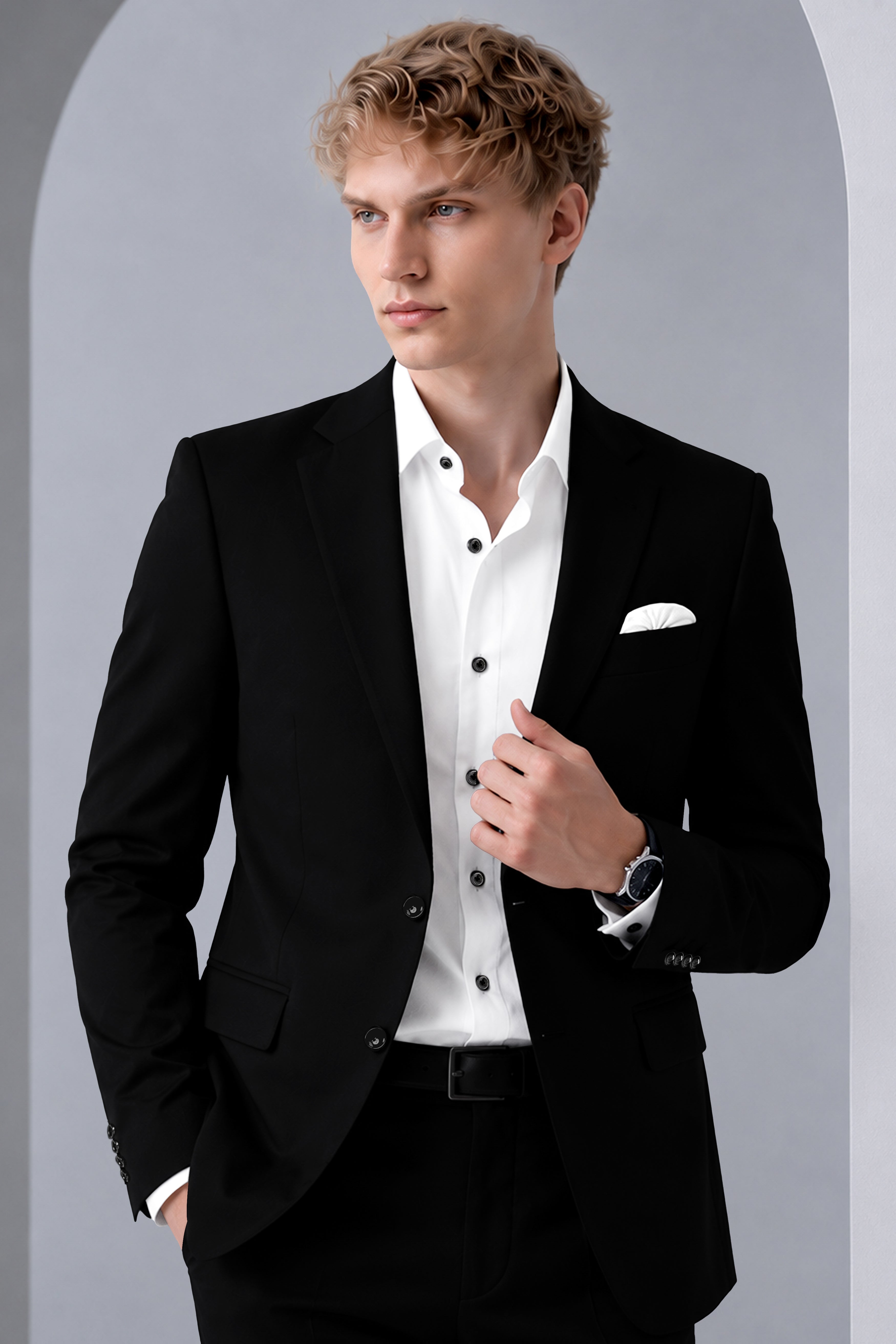 Noir-Jade Black Wool Rich Slight Stretch Single Breasted Blazer