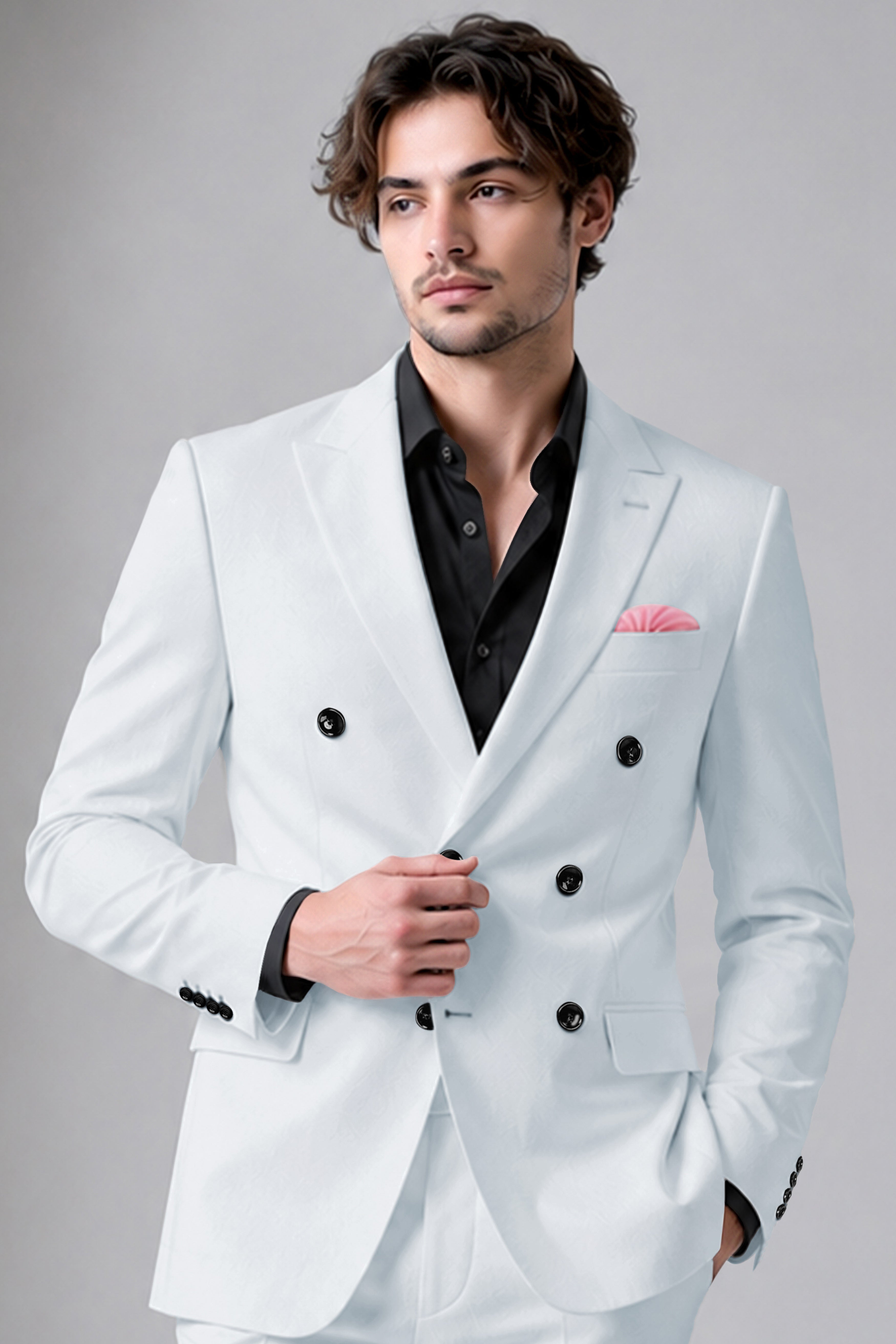 Slate-Mystic Gray Wool Rich Slight Stretch Double Breasted Blazer