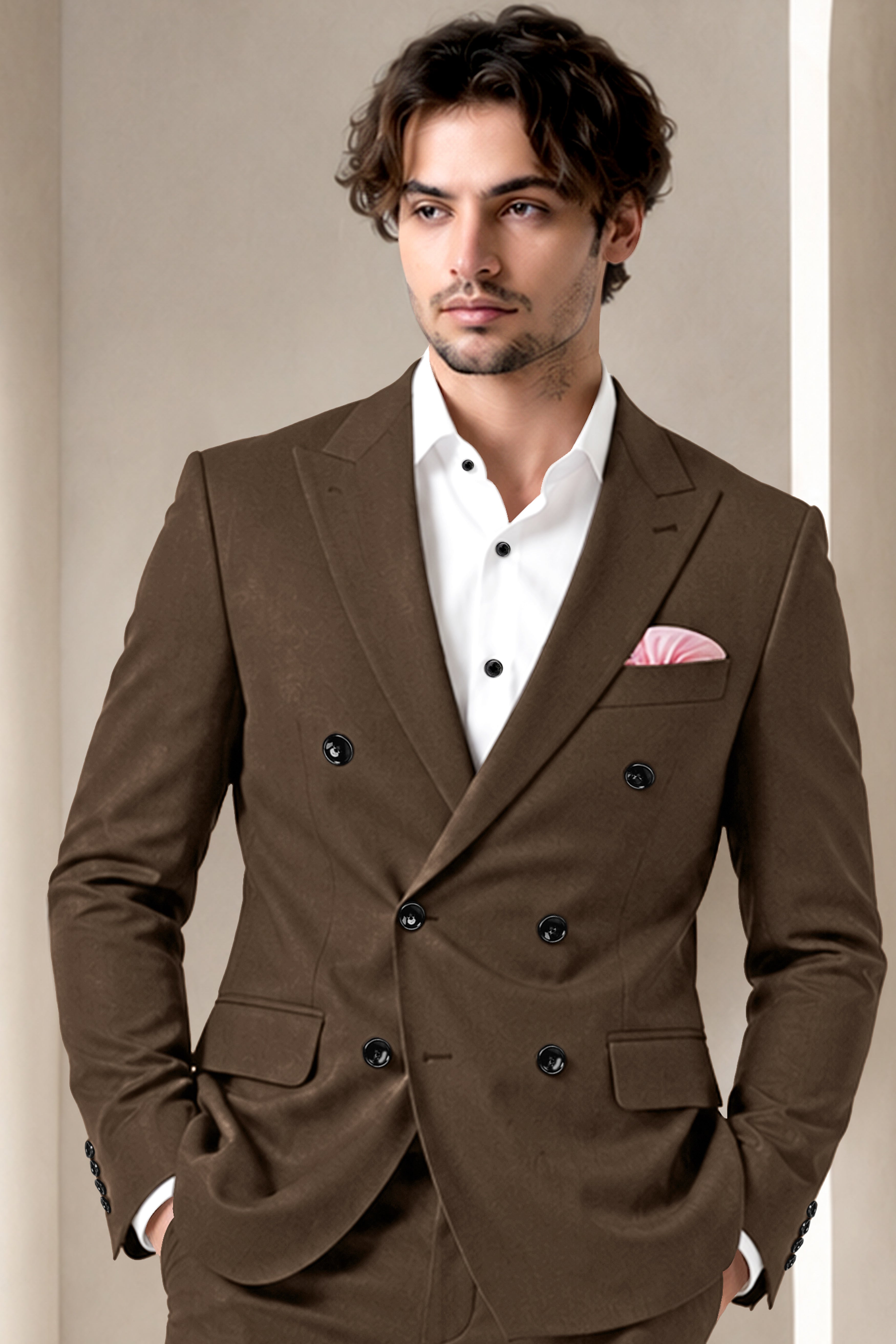 Prestige-Lisbon Brown Wool Rich Slight Stretch Double Breasted Blazer
