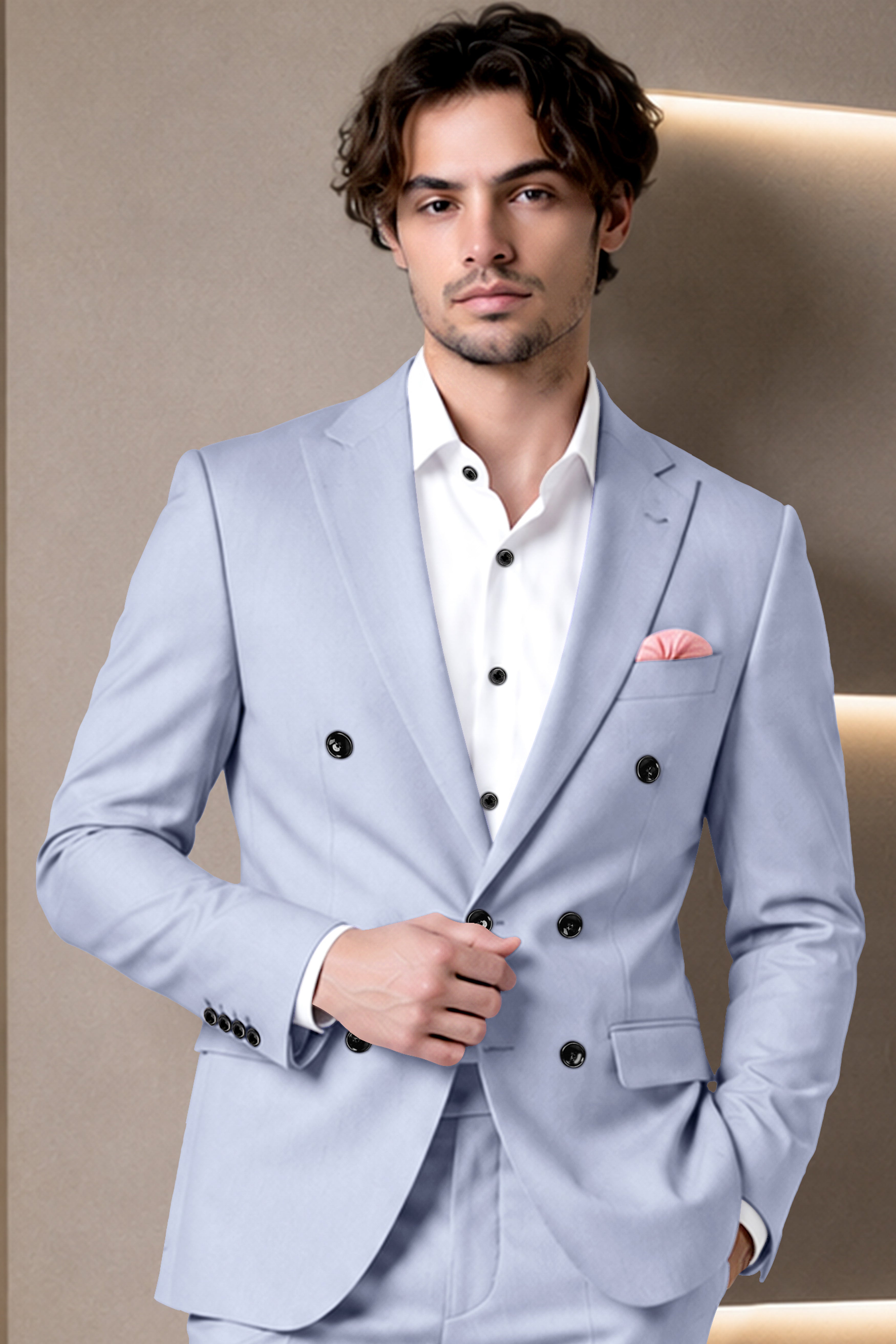 Azure-Periwinkle Gray Wool Rich Slight Stretch Double Breasted Blazer
