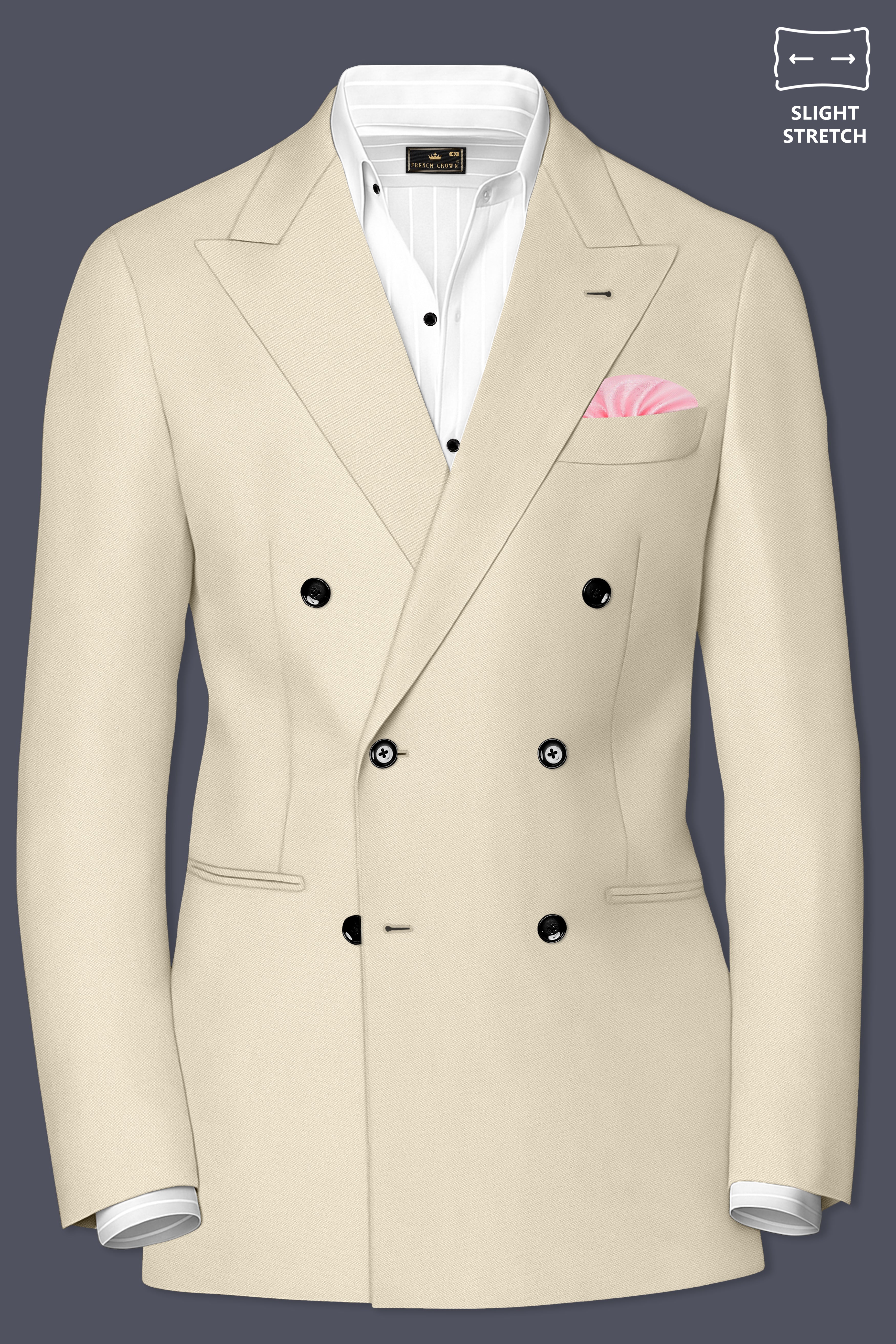 Ivora-Almond Cream Wool Rich Slight Stretch Double Breasted Blazer