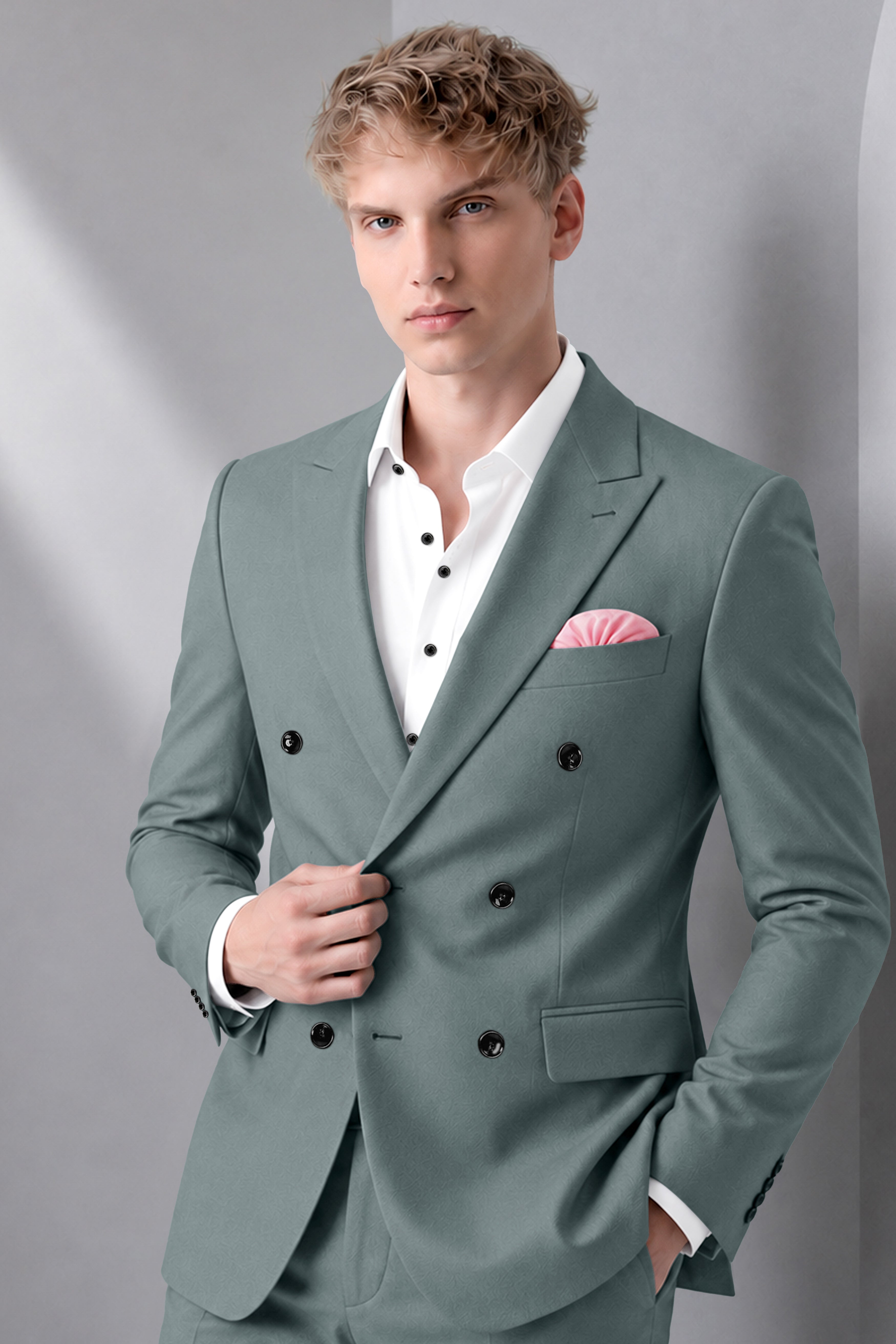 Verdant-Raven Green Wool Rich Slight Stretch Double Breasted Blazer