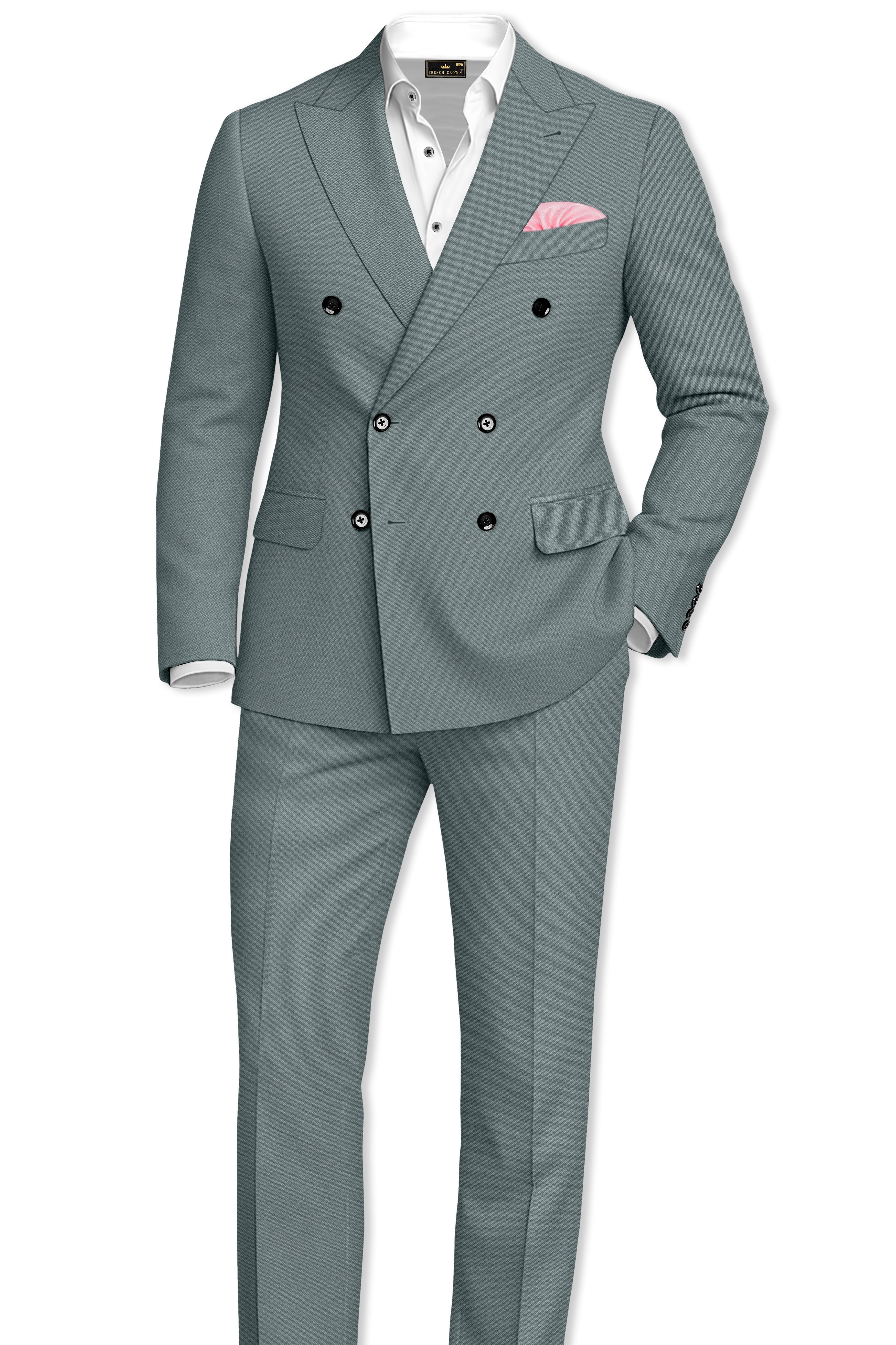 Verdant-Raven Green Wool Rich Slight Stretch Double Breasted Blazer