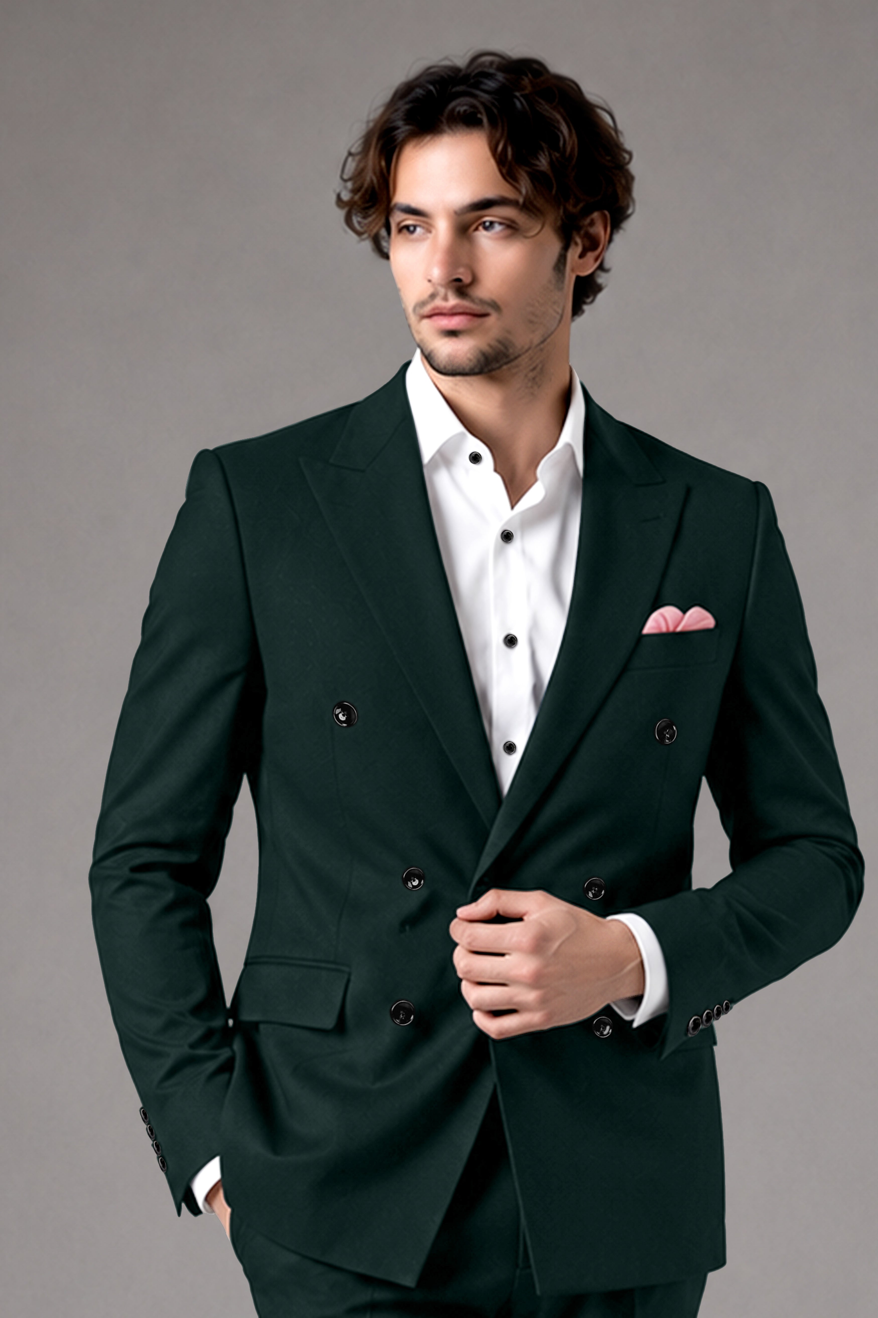 Lustre-Emerald Green Wool Rich Slight Stretch Double Breasted Blazer