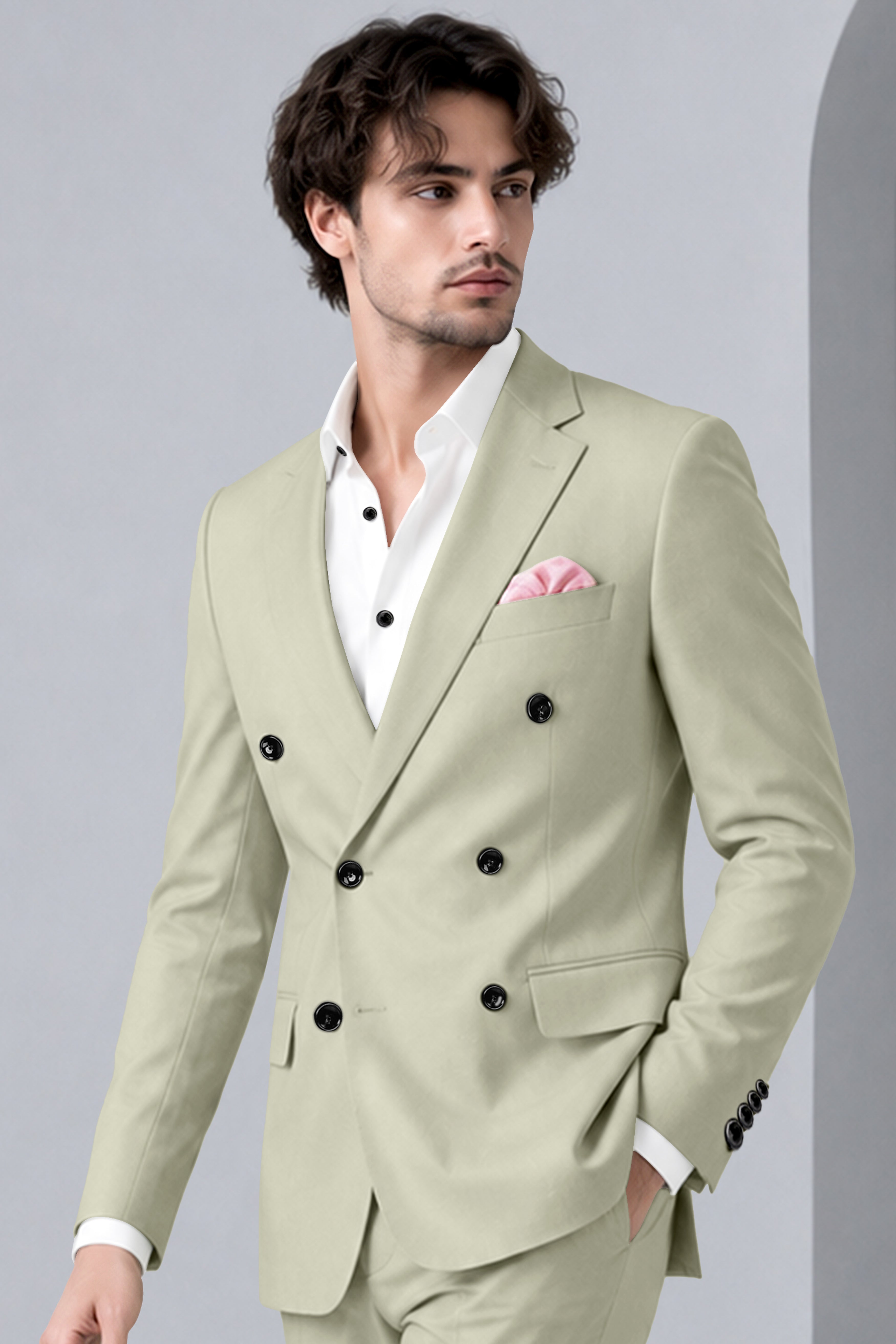 Verde-Tana Green Wool Rich Slight Stretch Double Breasted Blazer