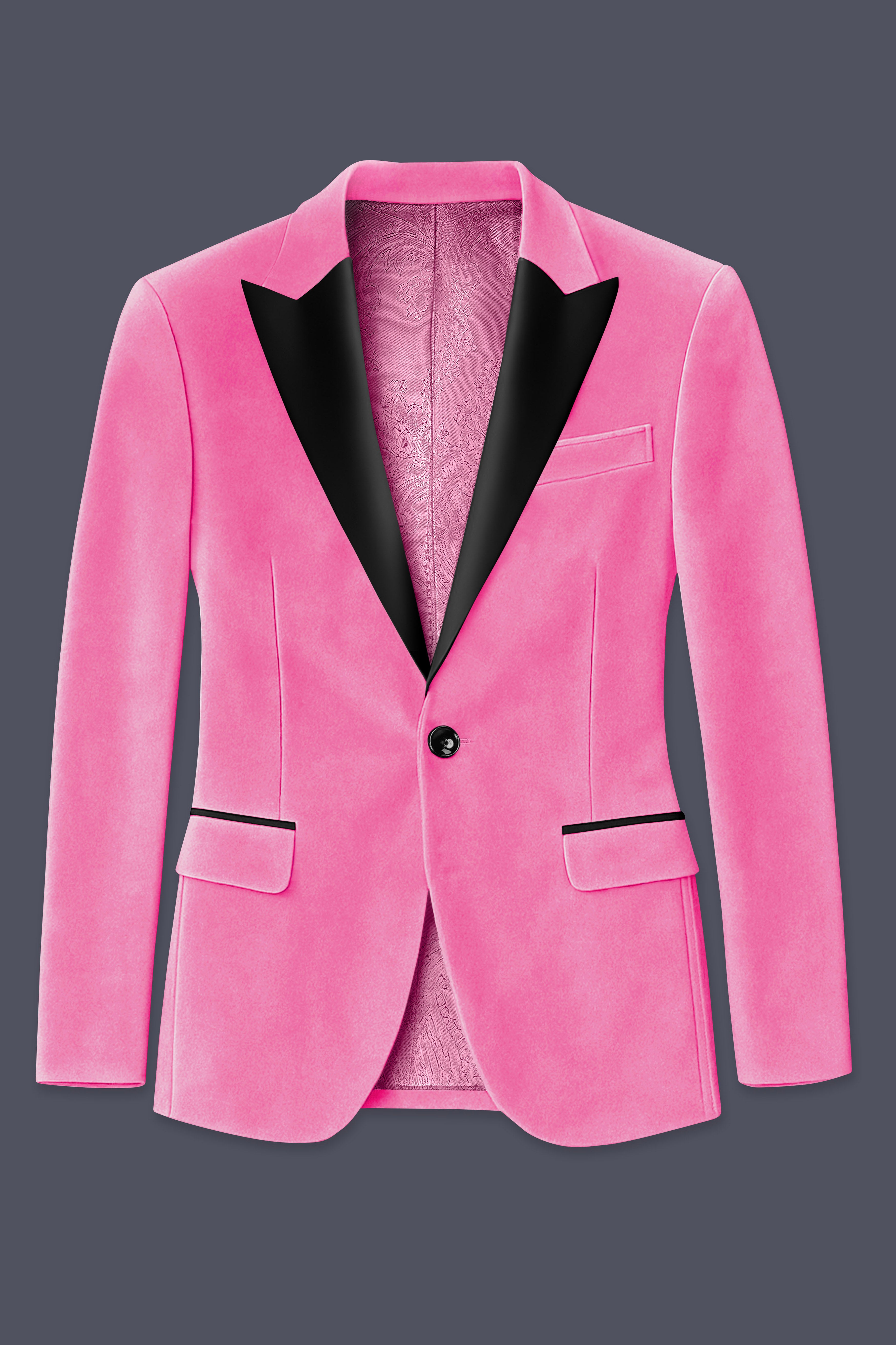 Veloura-Carissma Pink Velvet Peak Lapel Tuxedo Blazer