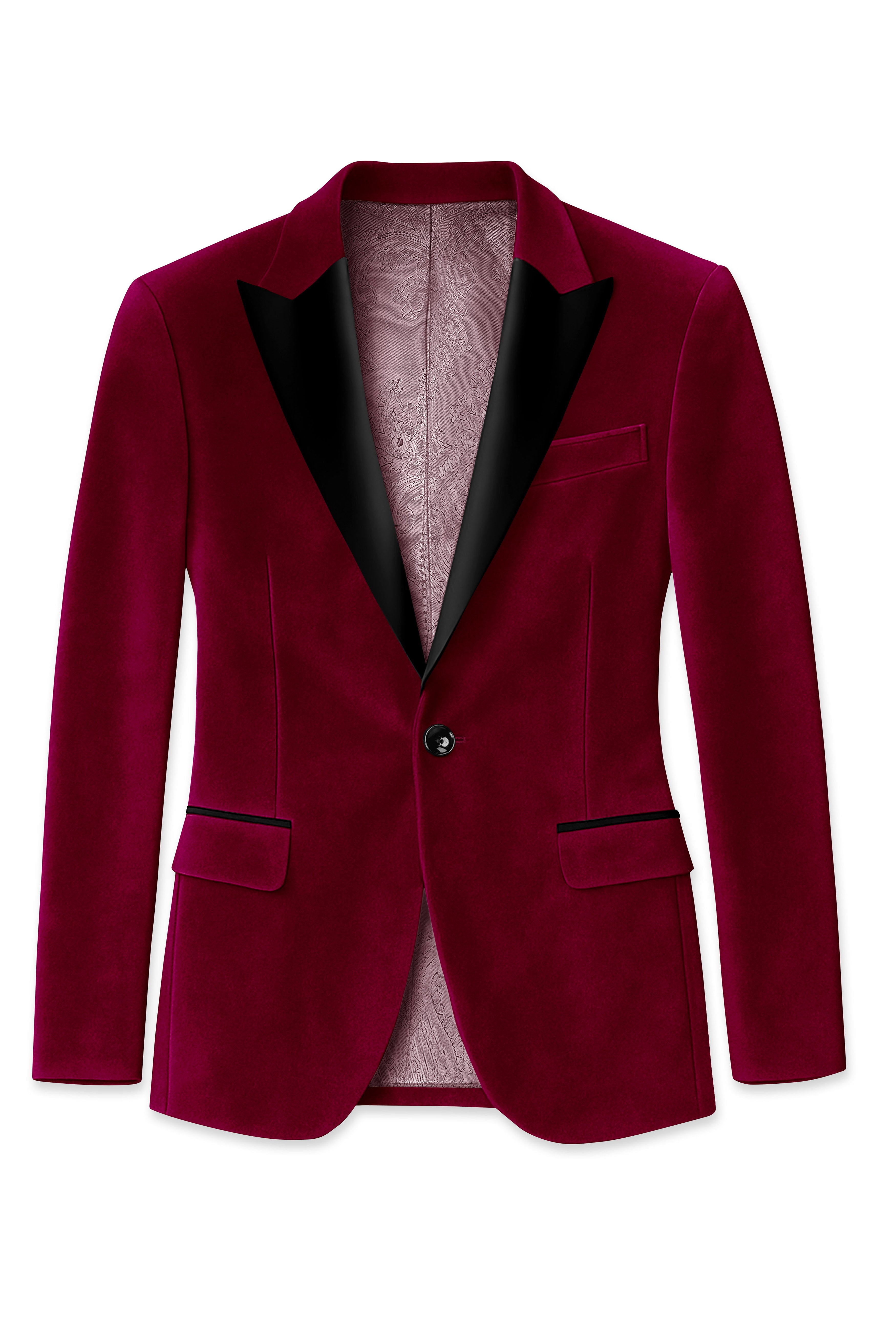 Amour-Scarlet Pink Velvet Peak Lapel Tuxedo Blazer