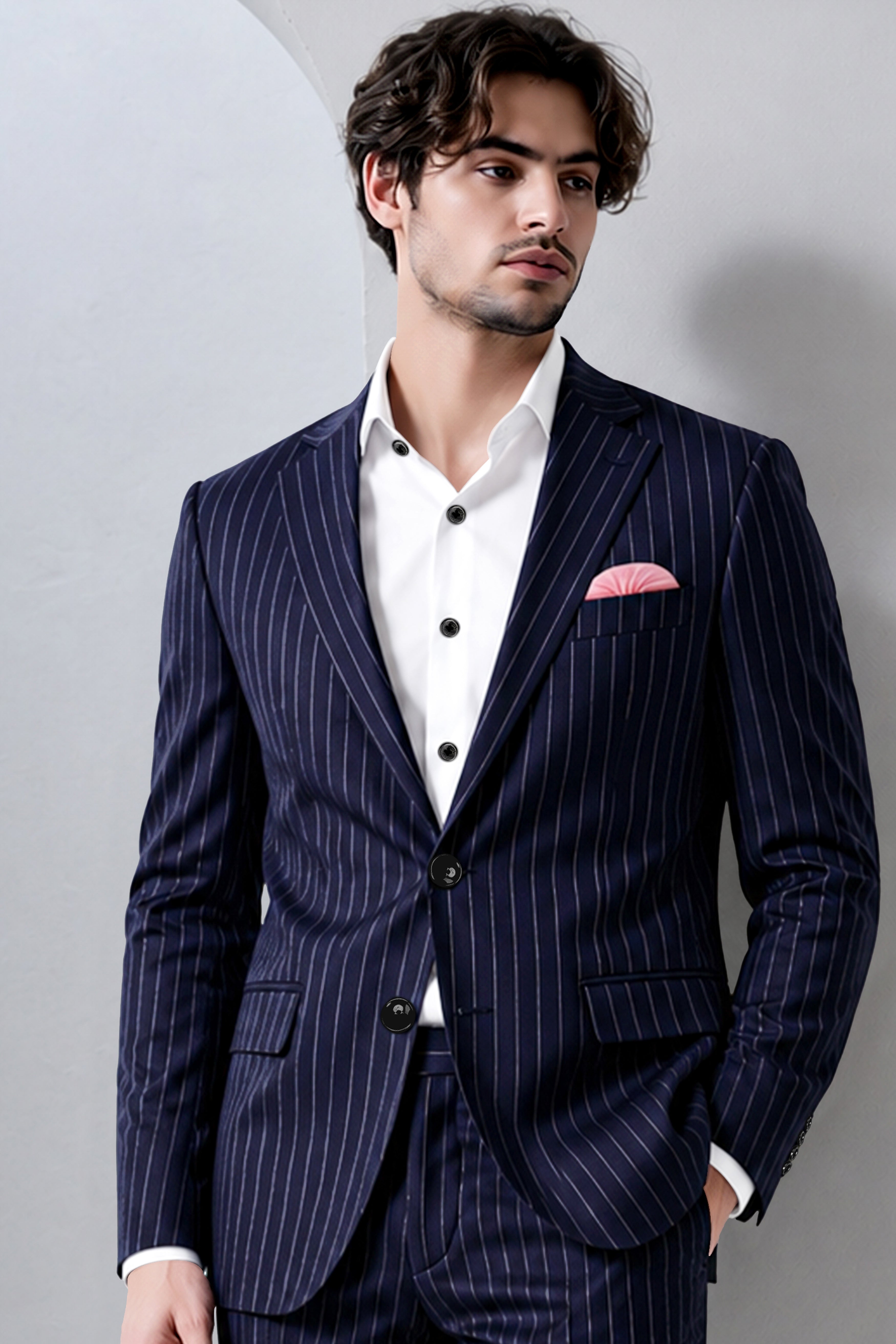 Regent-Ebony Blue And Bright White Chalk Striped Wool Rich Slight Stretch Single Breasted Blazer