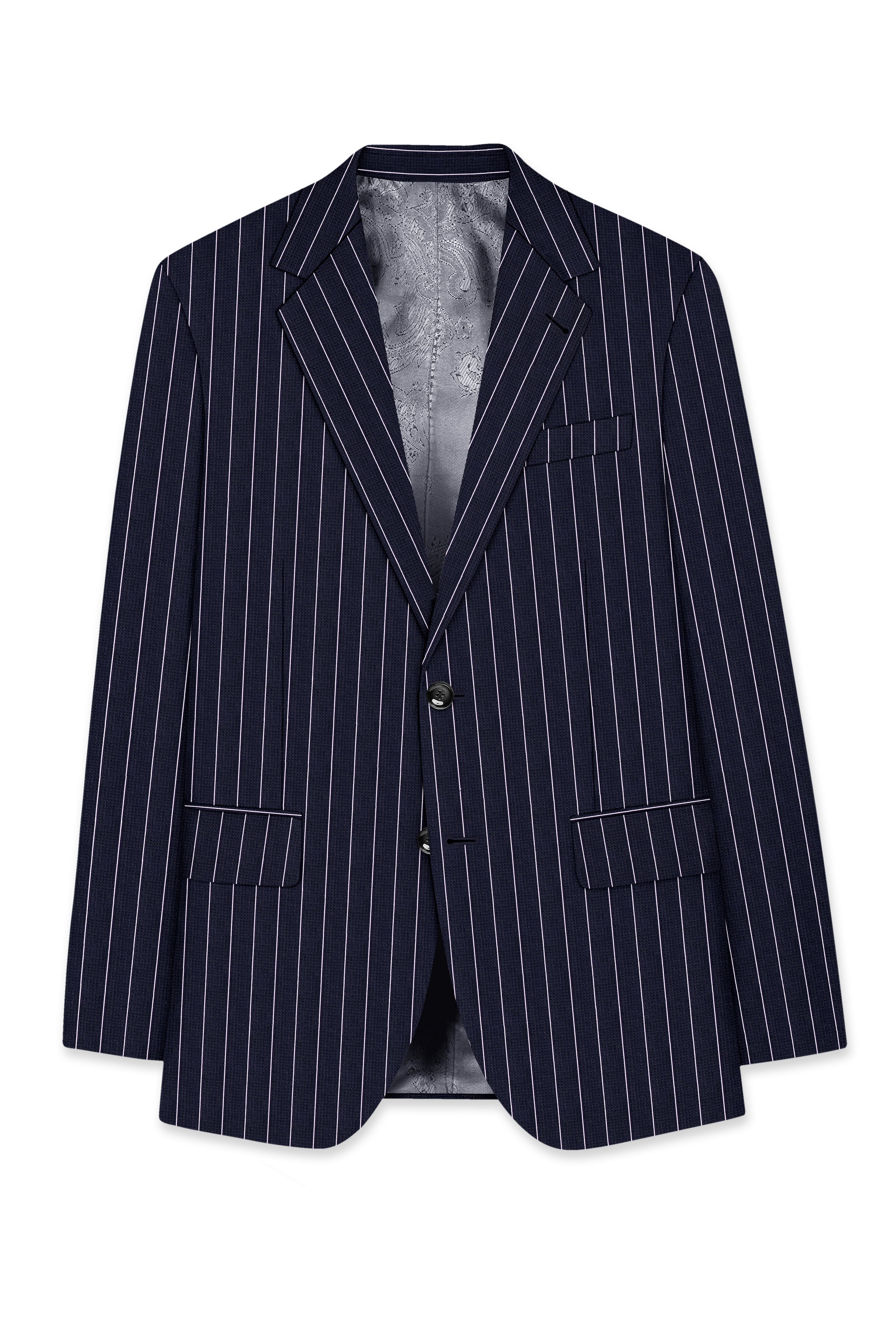 Regent-Ebony Blue And Bright White Chalk Striped Wool Rich Slight Stretch Single Breasted Blazer