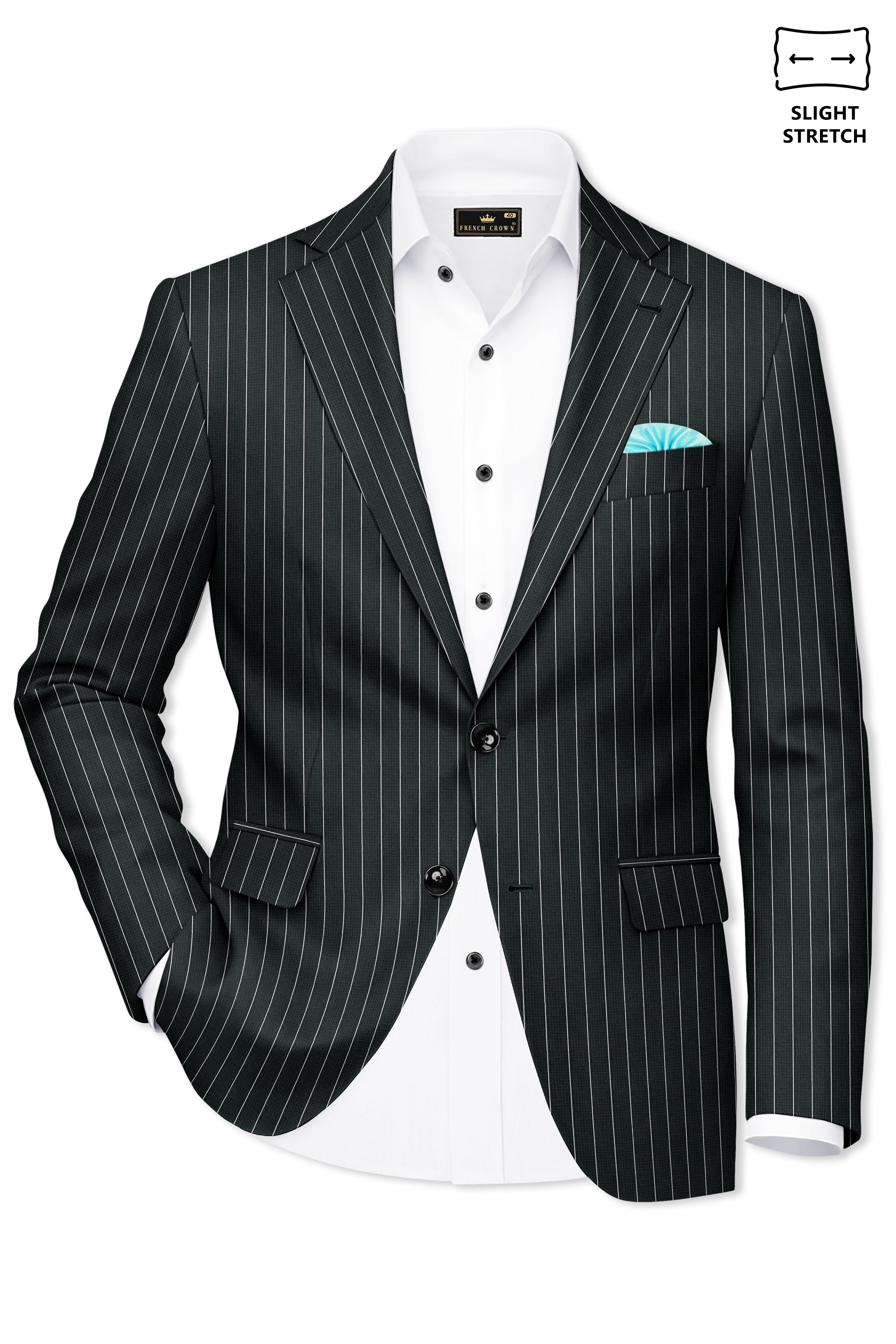 Viceroy-Hunter Green And Bright White Chalk Striped Wool Rich Slight Stretch Single Breasted Blazer