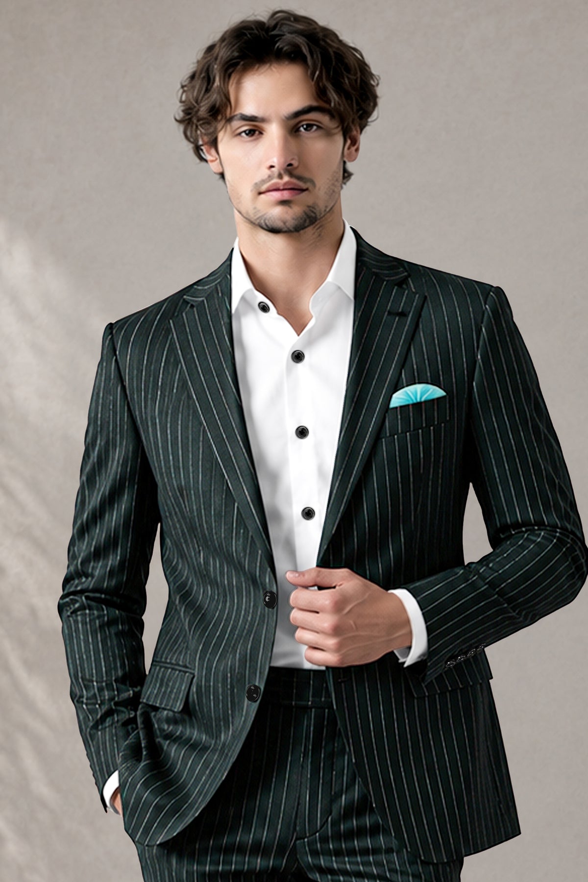 Viceroy-Hunter Green And Bright White Chalk Striped Wool Rich Slight Stretch Single Breasted Blazer