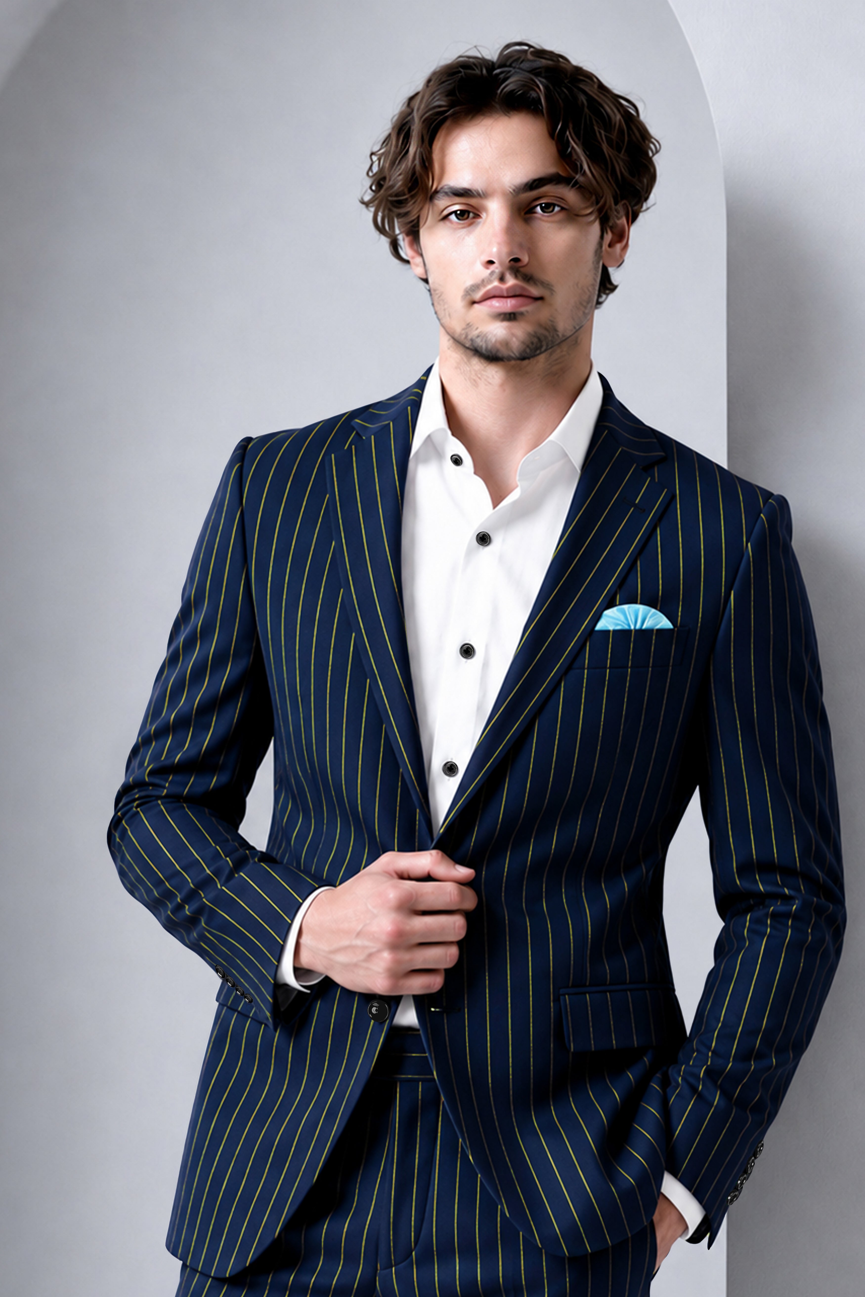 Aurum-Midnight Blue And Harvest Yellow Chalk Striped Wool Rich Slight Stretch Single Breasted Blazer