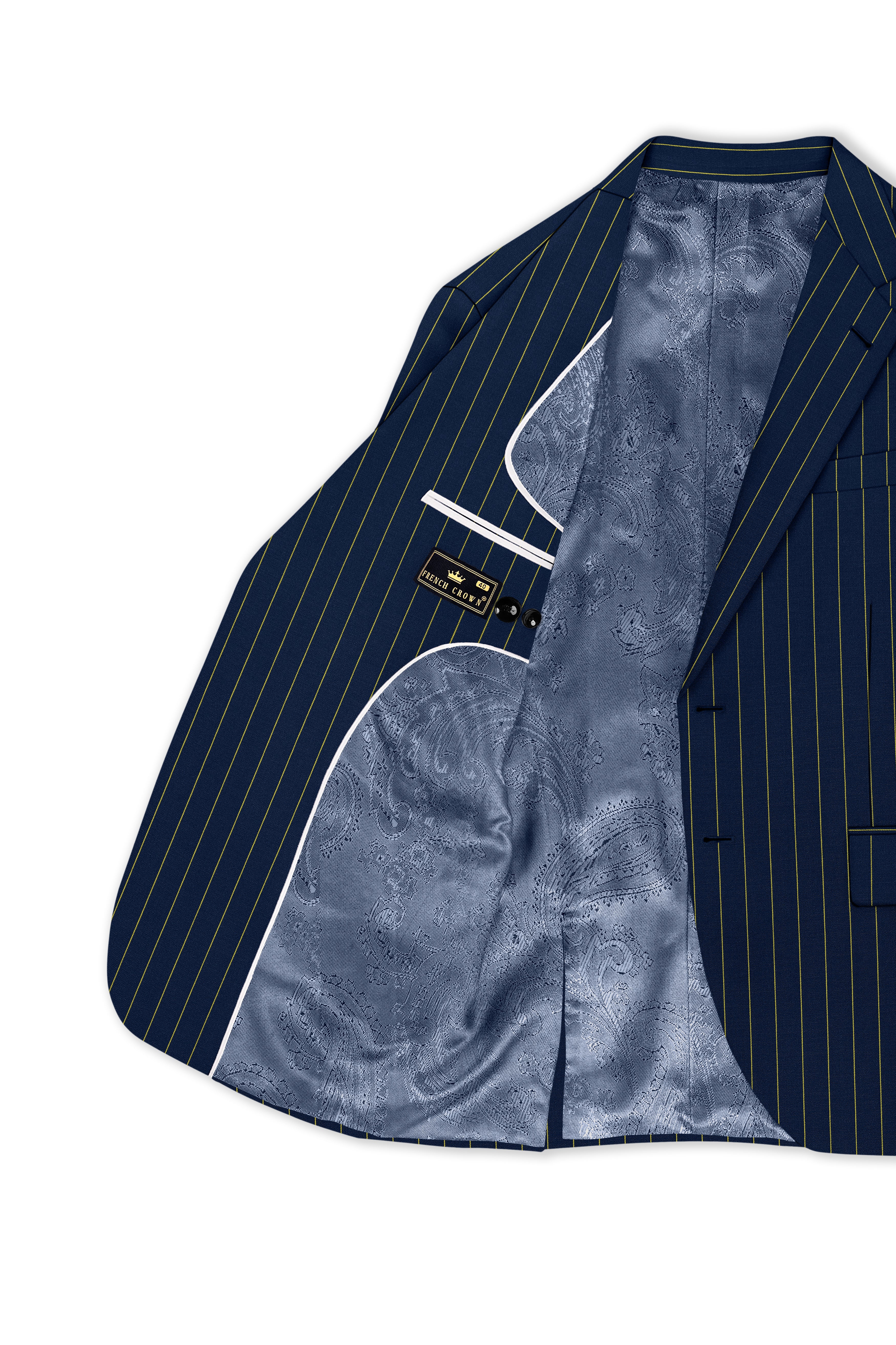 Aurum-Midnight Blue And Harvest Yellow Chalk Striped Wool Rich Slight Stretch Single Breasted Blazer
