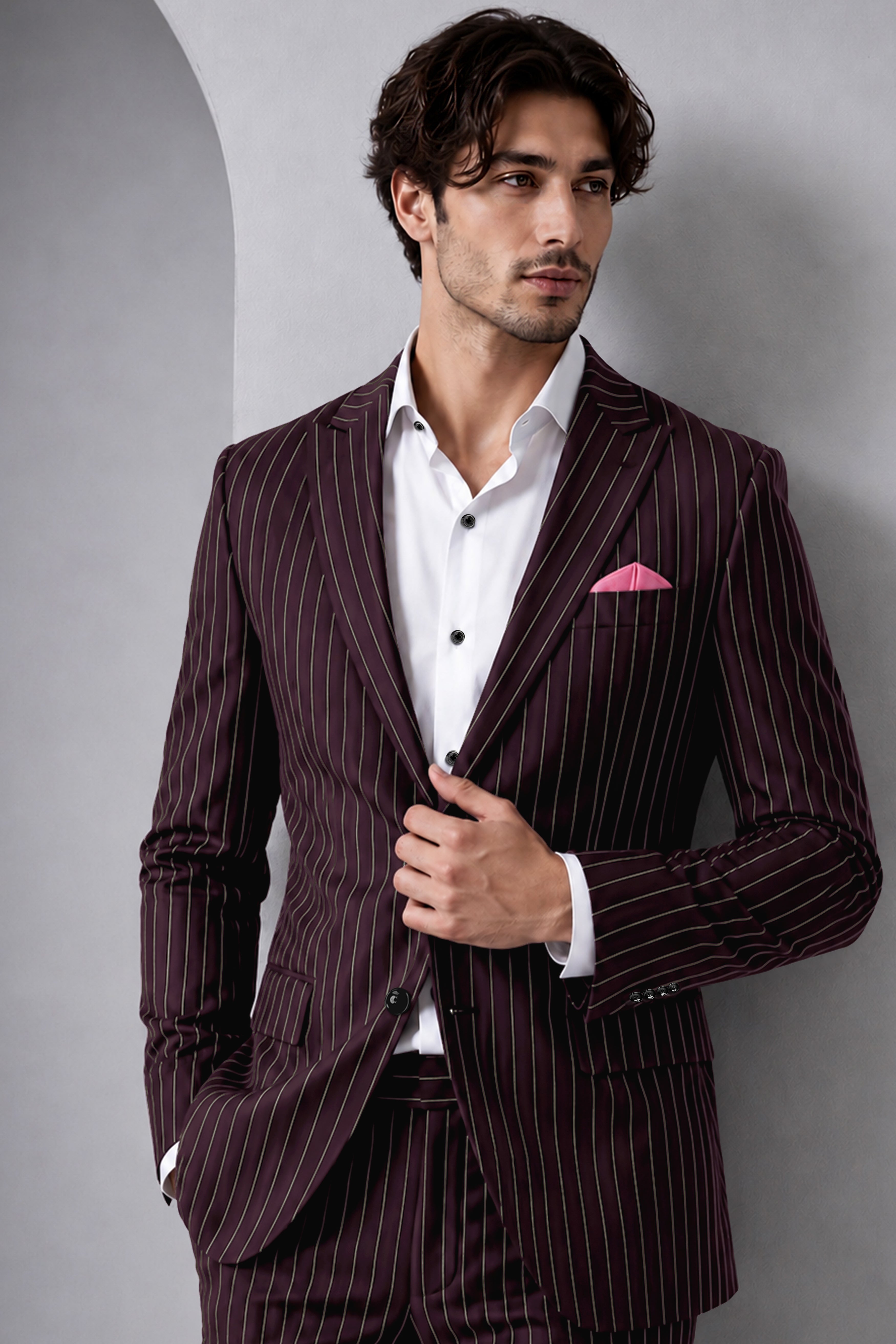 Valiant-Seal Maroon And Bright White Chalk Striped Wool Rich Slight Stretch Single Breasted Blazer