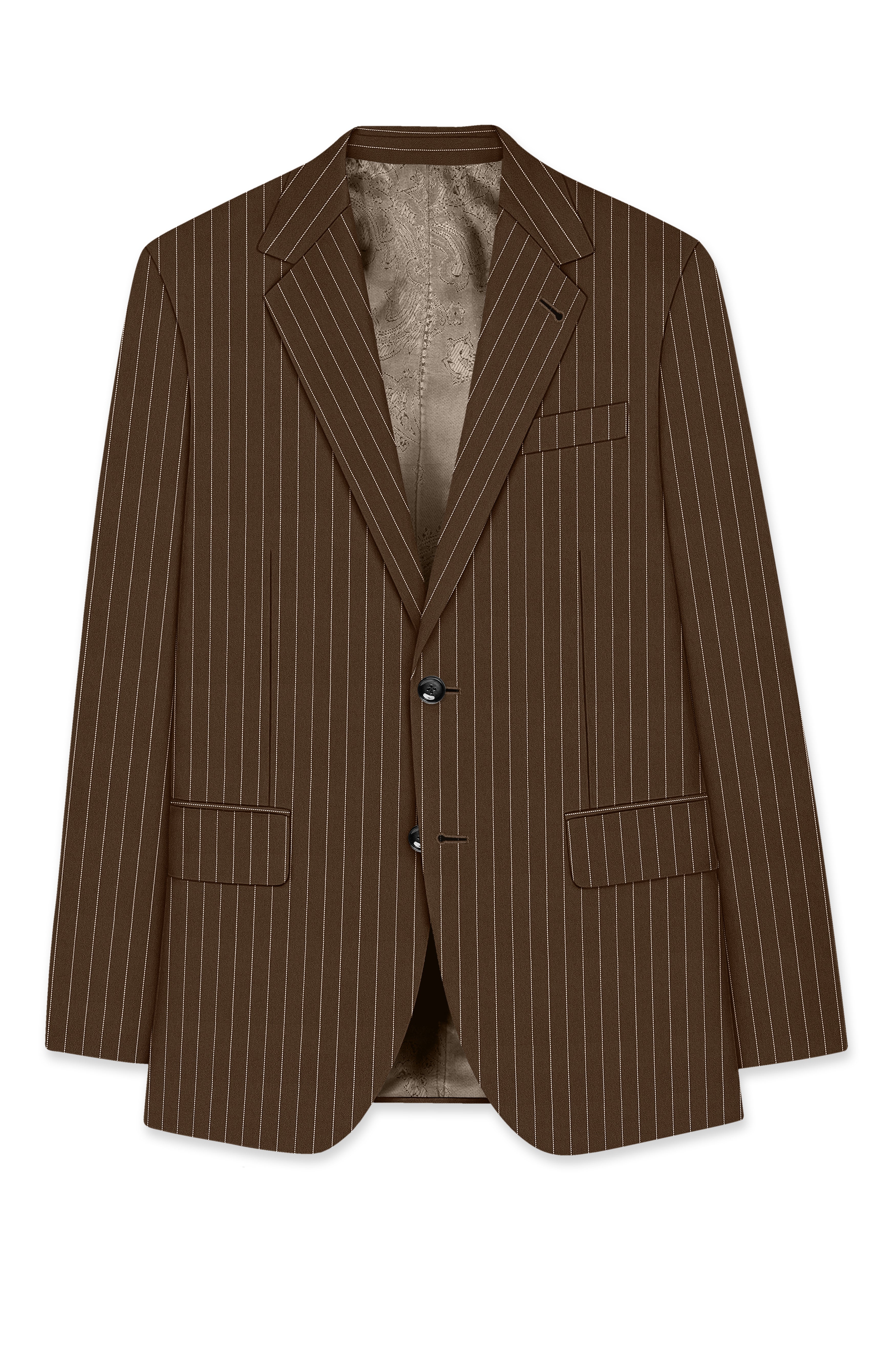 Bristol-Iroko Brown And Bright White Chalk Striped Wool Rich Slight Stretch Single Breasted Blazer