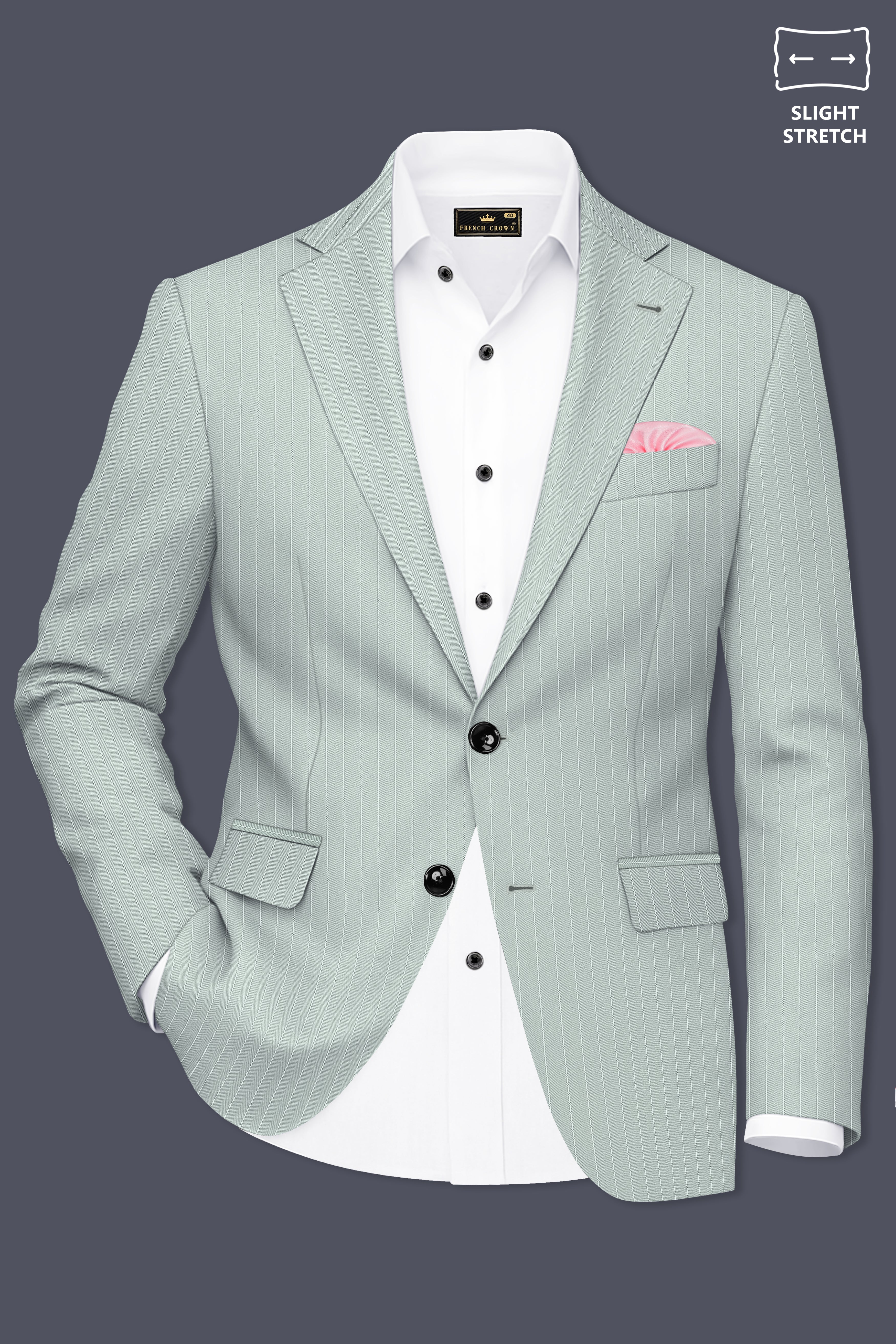 Halcyon-Pale Slate Green Herringbone Striped Wool Rich Slight Stretch Single Breasted Blazer