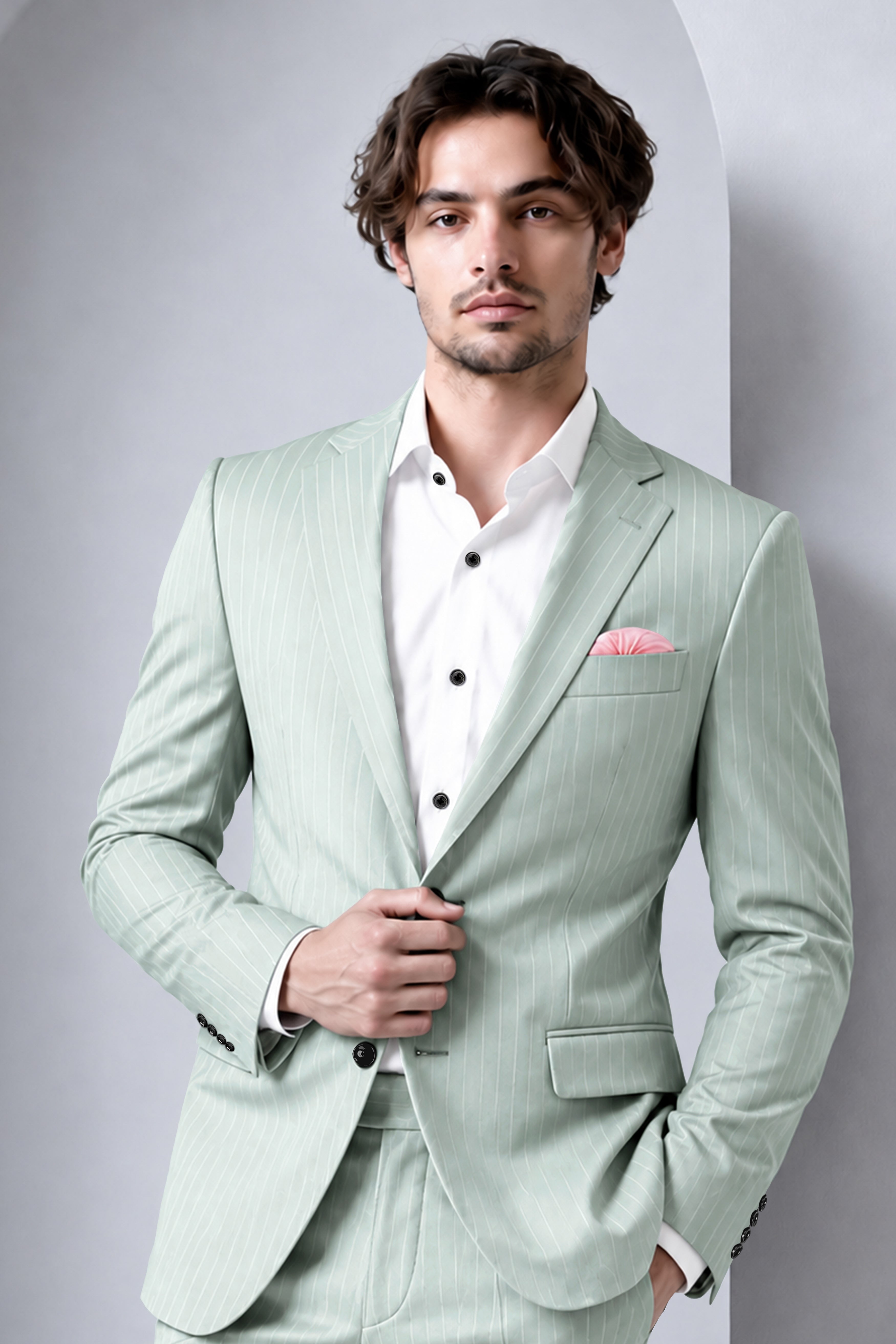 Halcyon-Pale Slate Green Herringbone Striped Wool Rich Slight Stretch Single Breasted Blazer