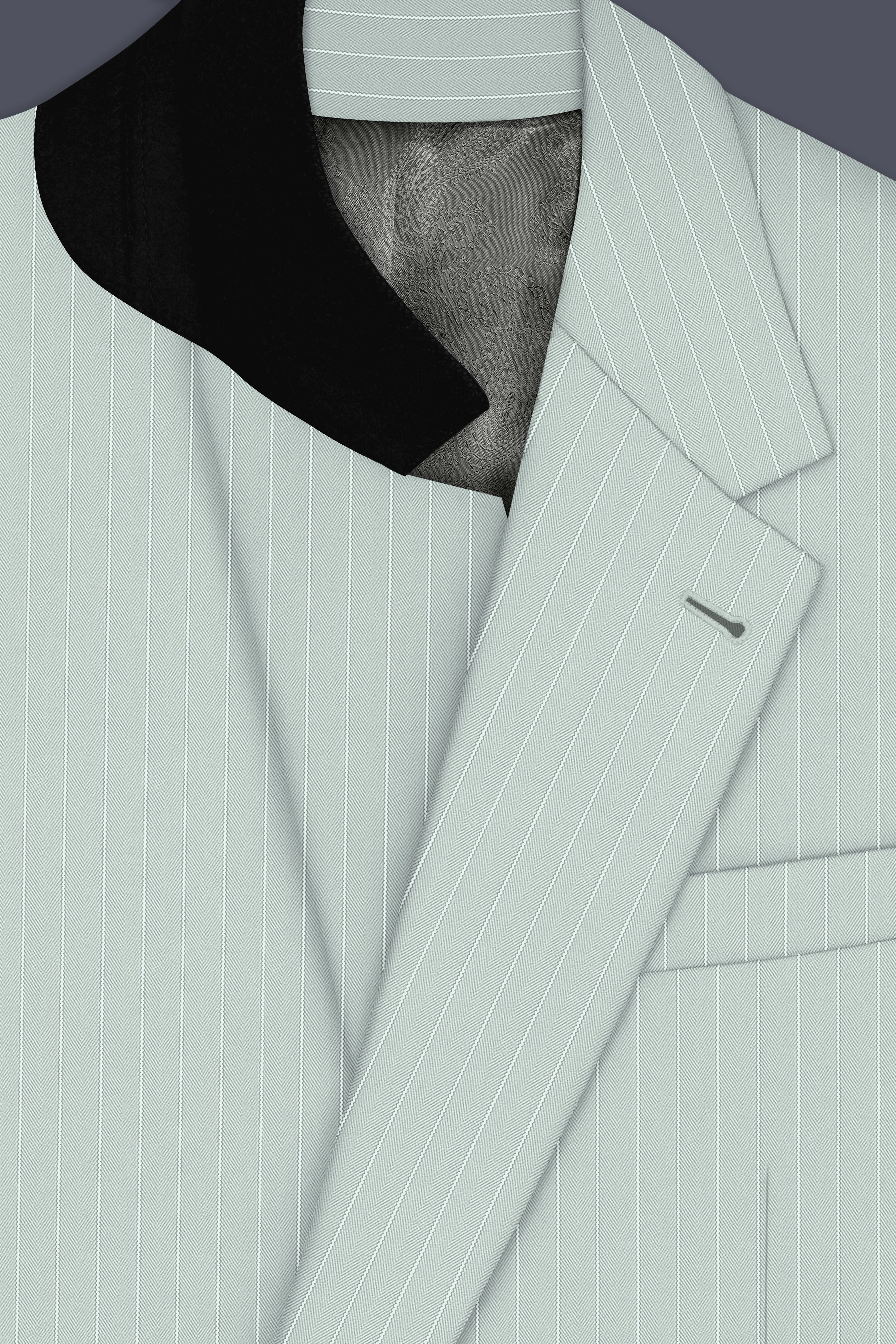 Halcyon-Pale Slate Green Herringbone Striped Wool Rich Slight Stretch Single Breasted Blazer