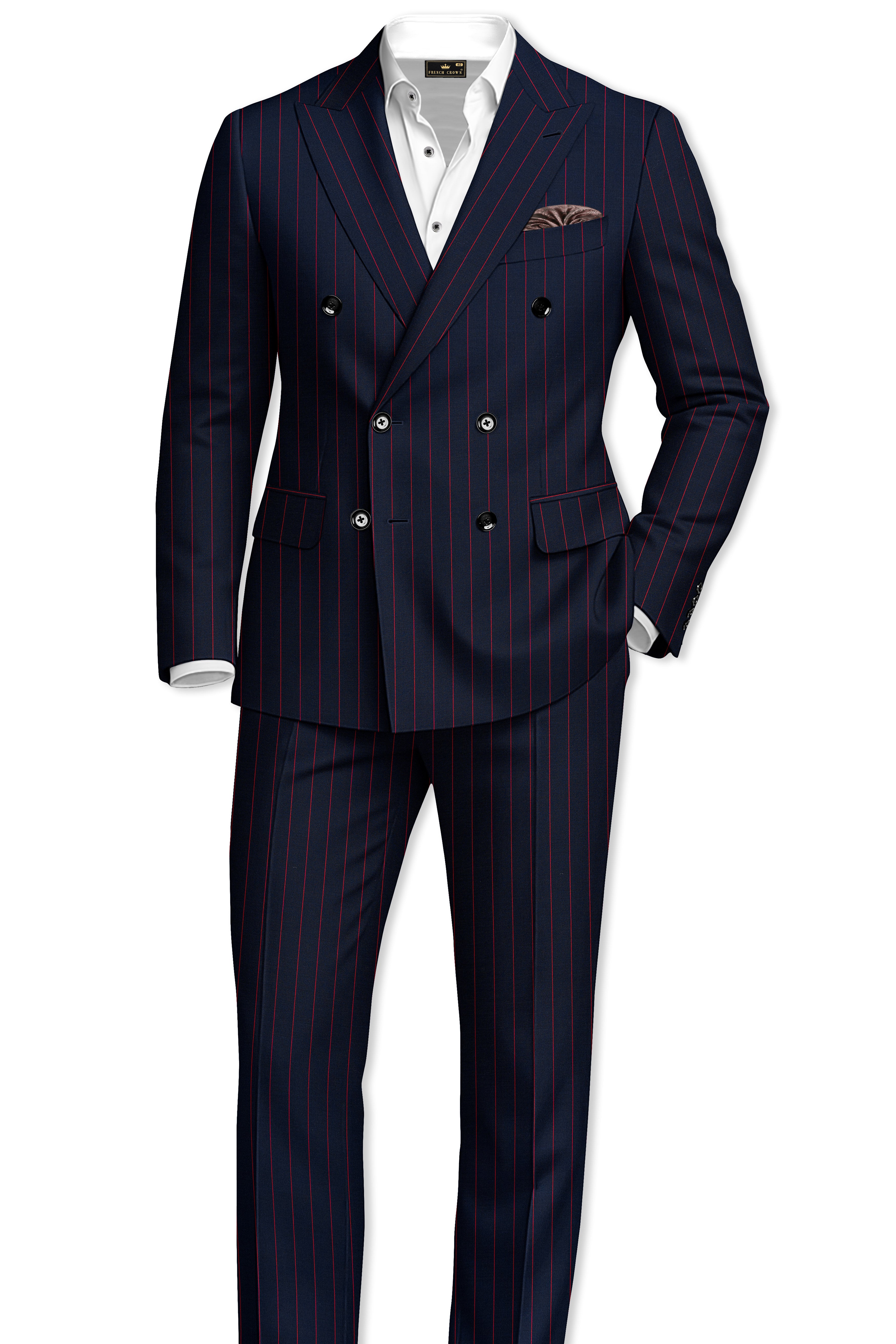 Striata-Haiti Blue And Brick Pink Chalk Striped Wool Rich Slight Stretch Double Breasted Blazer