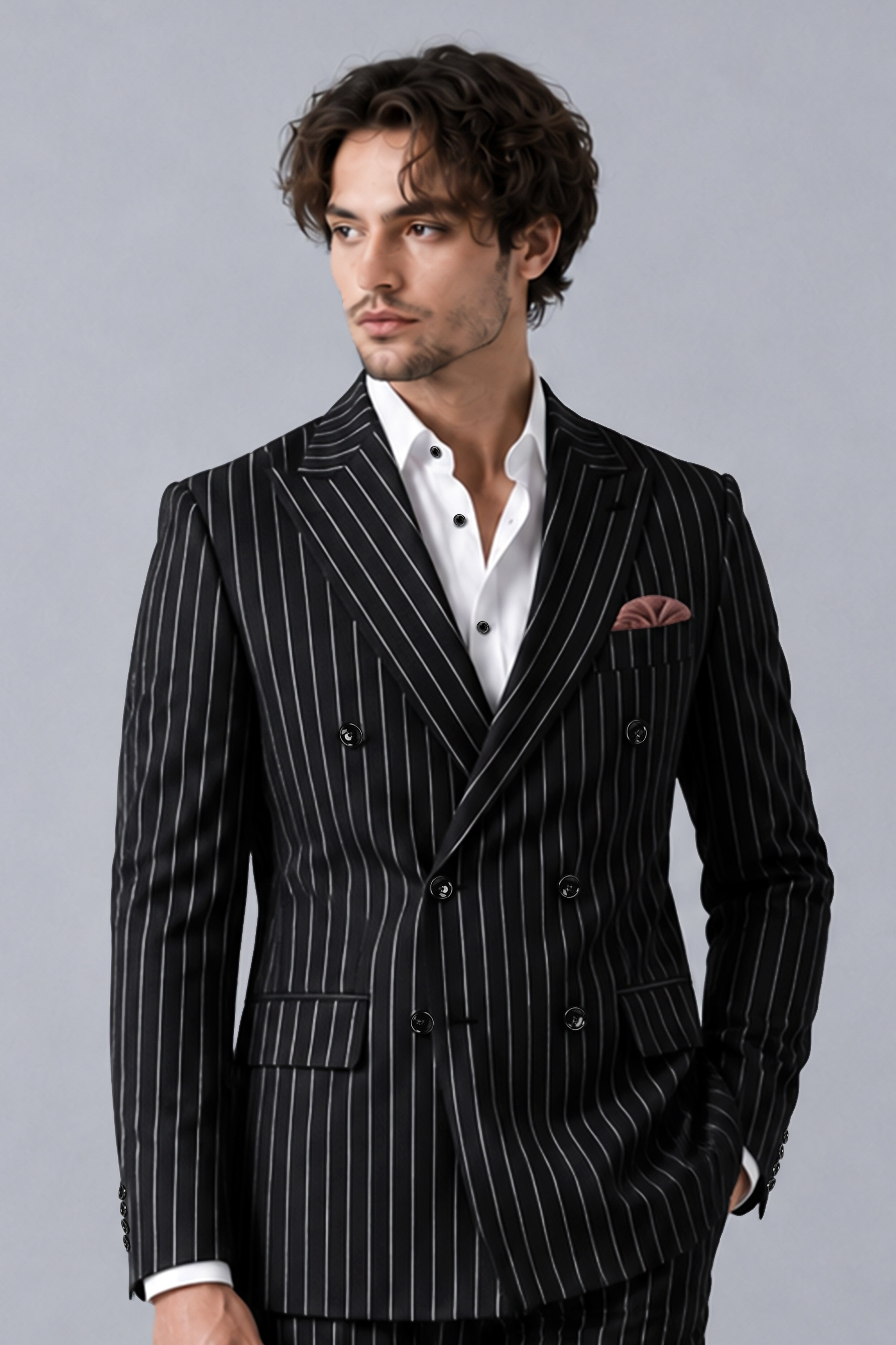 Viceroy-Jade Black And Bright White Chalk Striped Wool Rich Slight Stretch Double Breasted Blazer