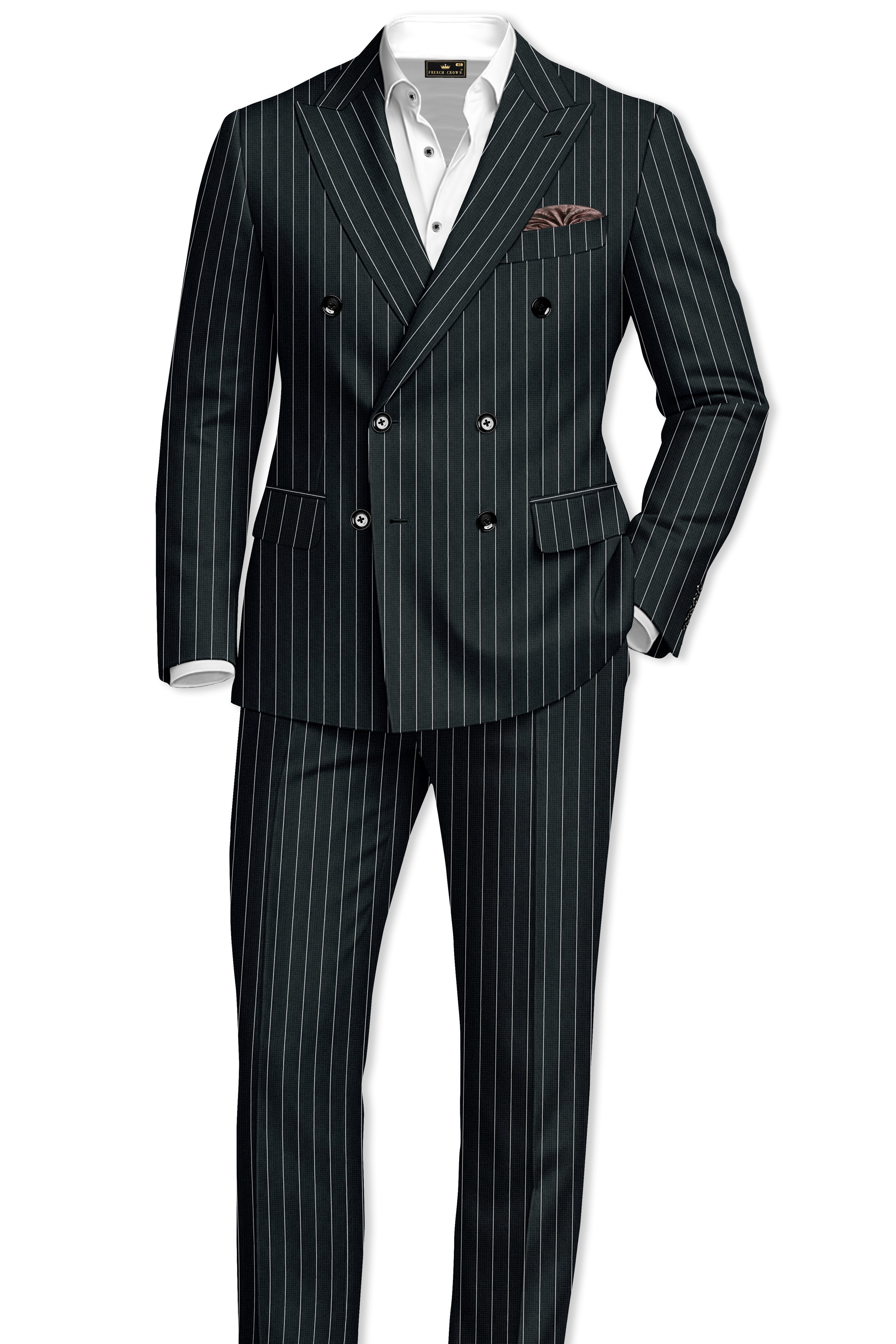 Viceroy-Hunter Green And Bright White Chalk Striped Wool Rich Slight Stretch Double Breasted Blazer