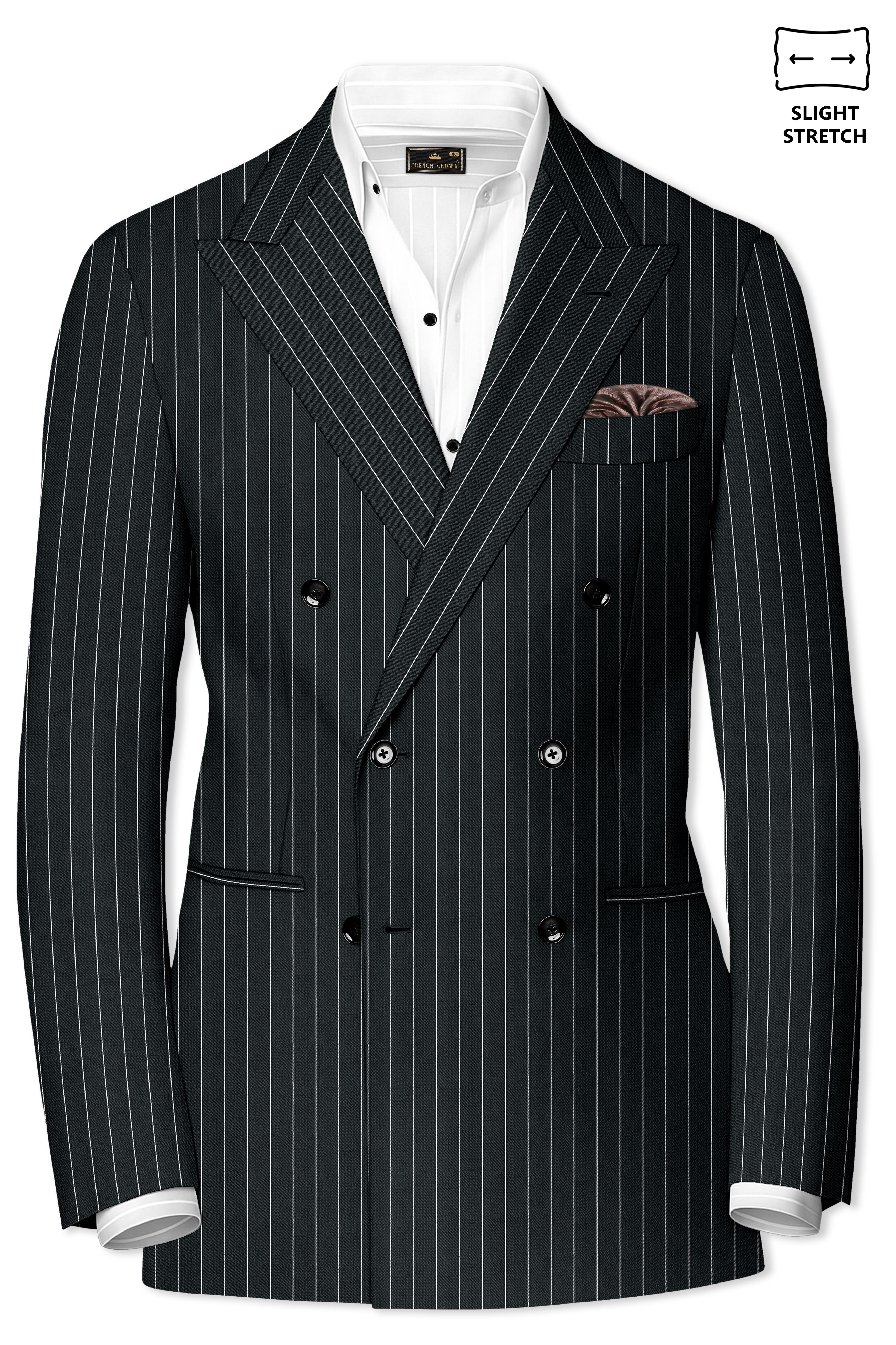 Viceroy-Hunter Green And Bright White Chalk Striped Wool Rich Slight Stretch Double Breasted Blazer