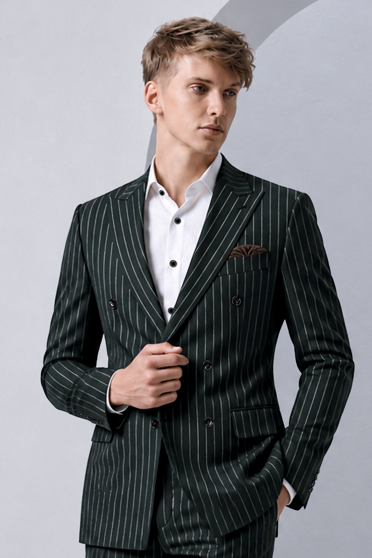 Viceroy-Hunter Green And Bright White Chalk Striped Wool Rich Slight Stretch Double Breasted Blazer