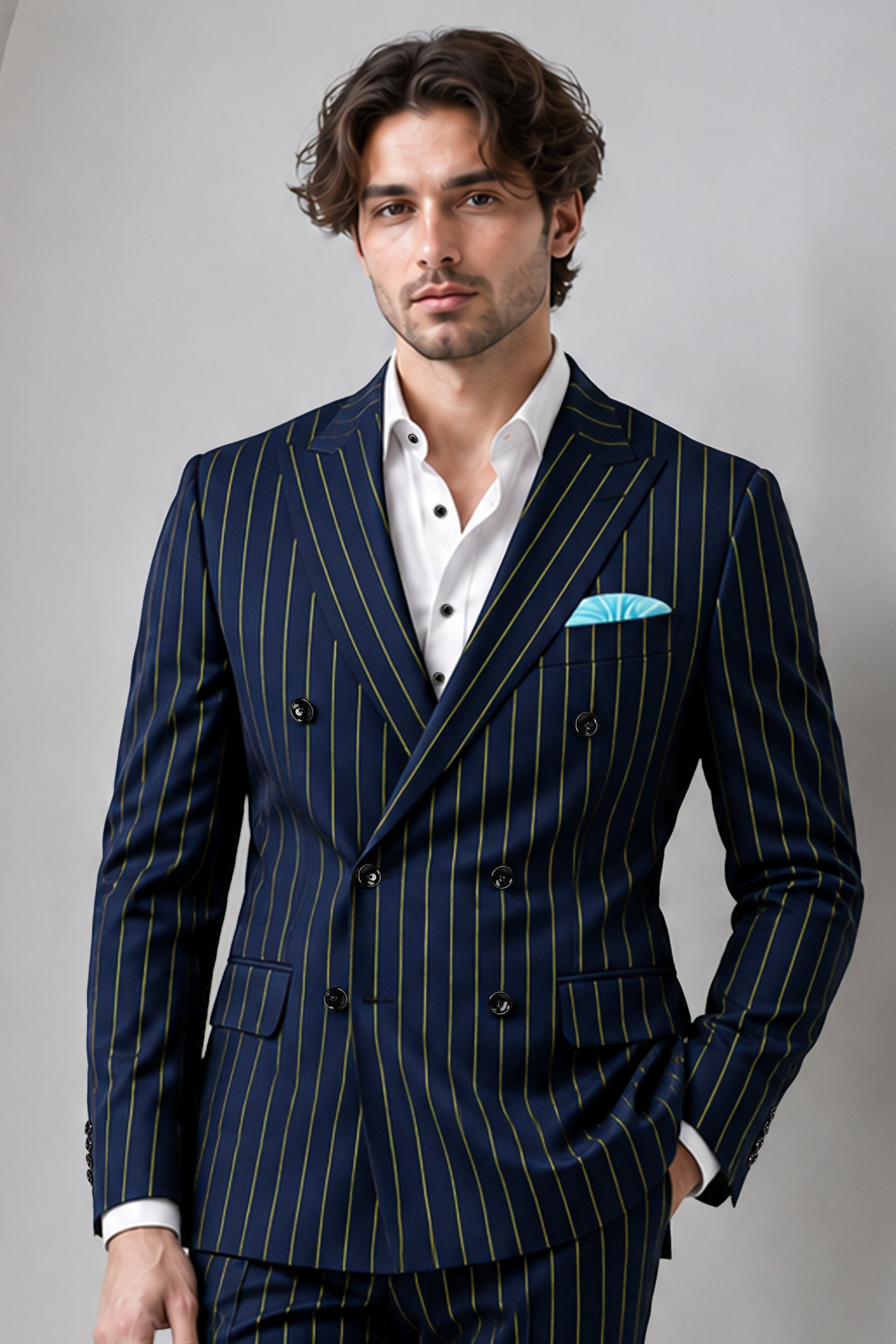 Aurum-Midnight Blue And Harvest Yellow Chalk Striped Wool Rich Slight Stretch Double Breasted Blazer