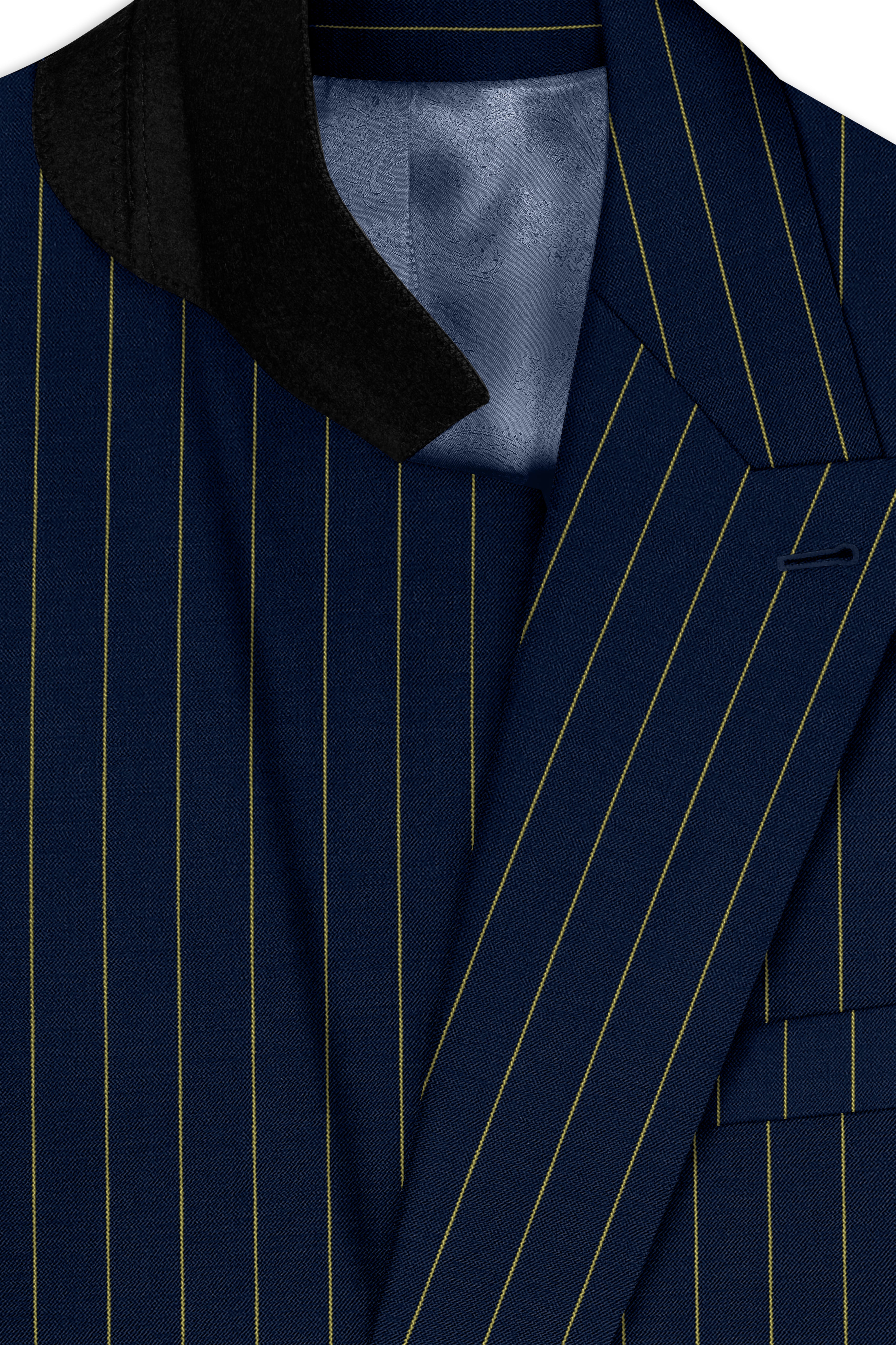 Aurum-Midnight Blue And Harvest Yellow Chalk Striped Wool Rich Slight Stretch Double Breasted Blazer