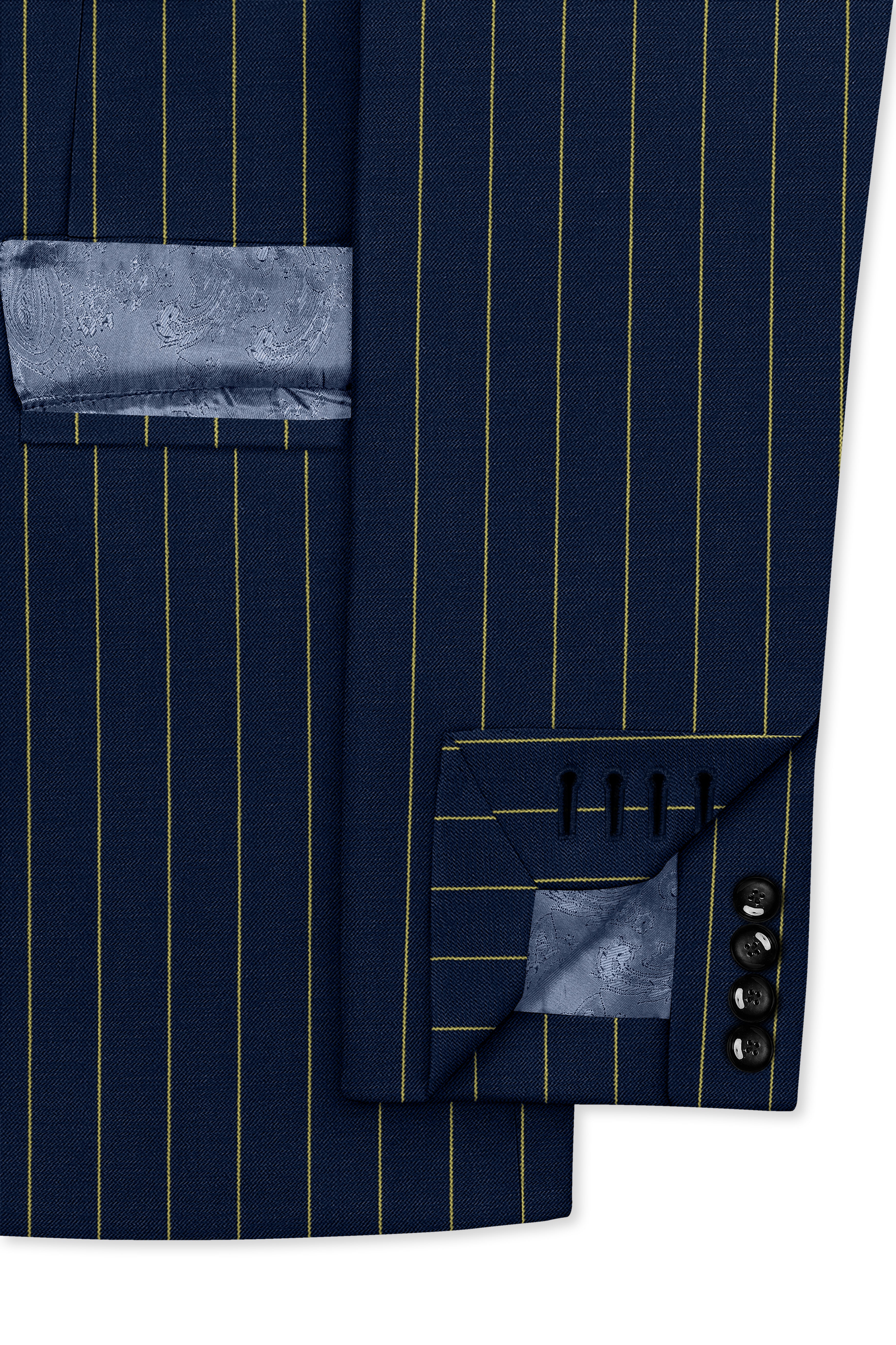 Aurum-Midnight Blue And Harvest Yellow Chalk Striped Wool Rich Slight Stretch Double Breasted Blazer