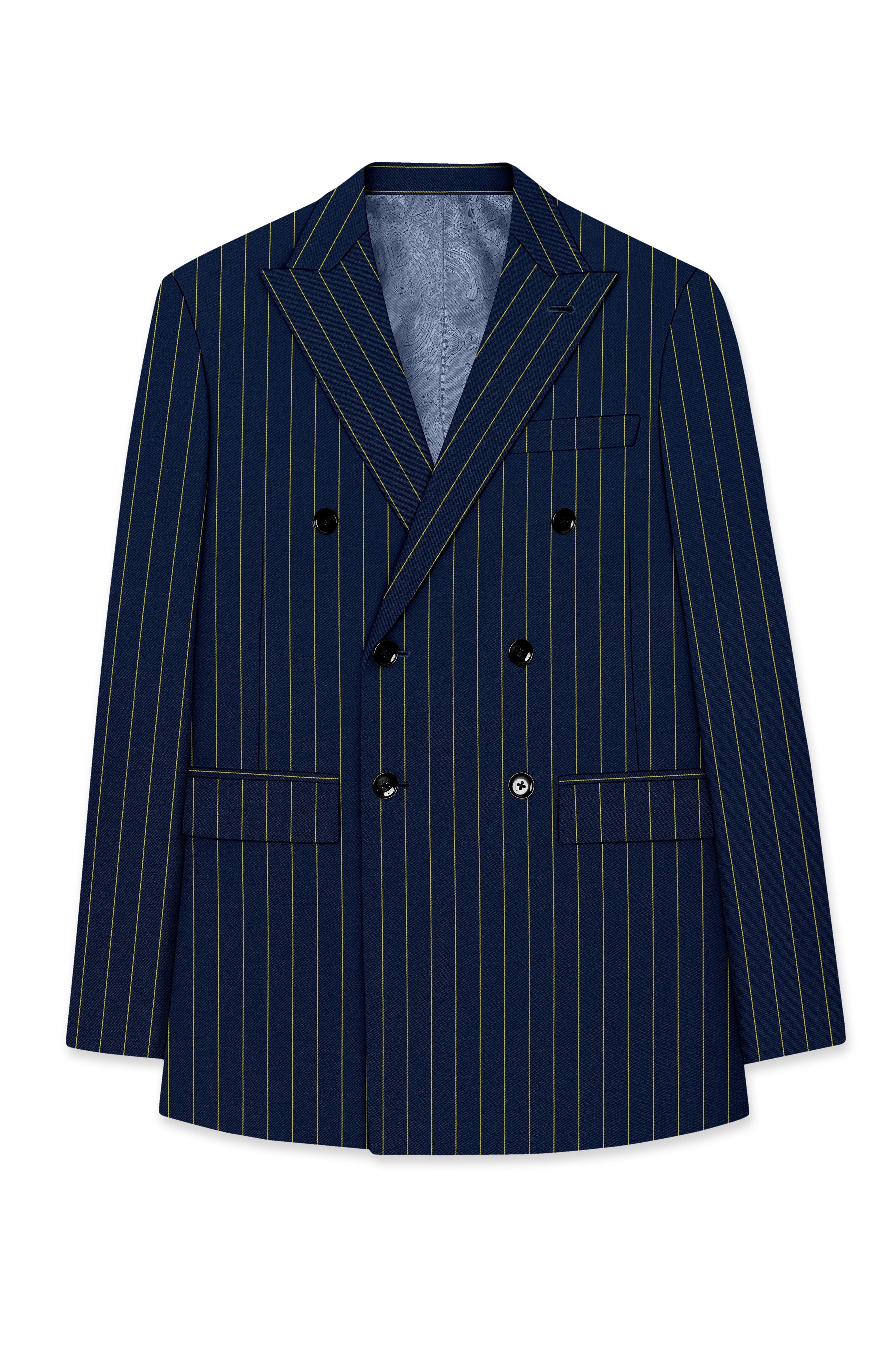 Aurum-Midnight Blue And Harvest Yellow Chalk Striped Wool Rich Slight Stretch Double Breasted Blazer
