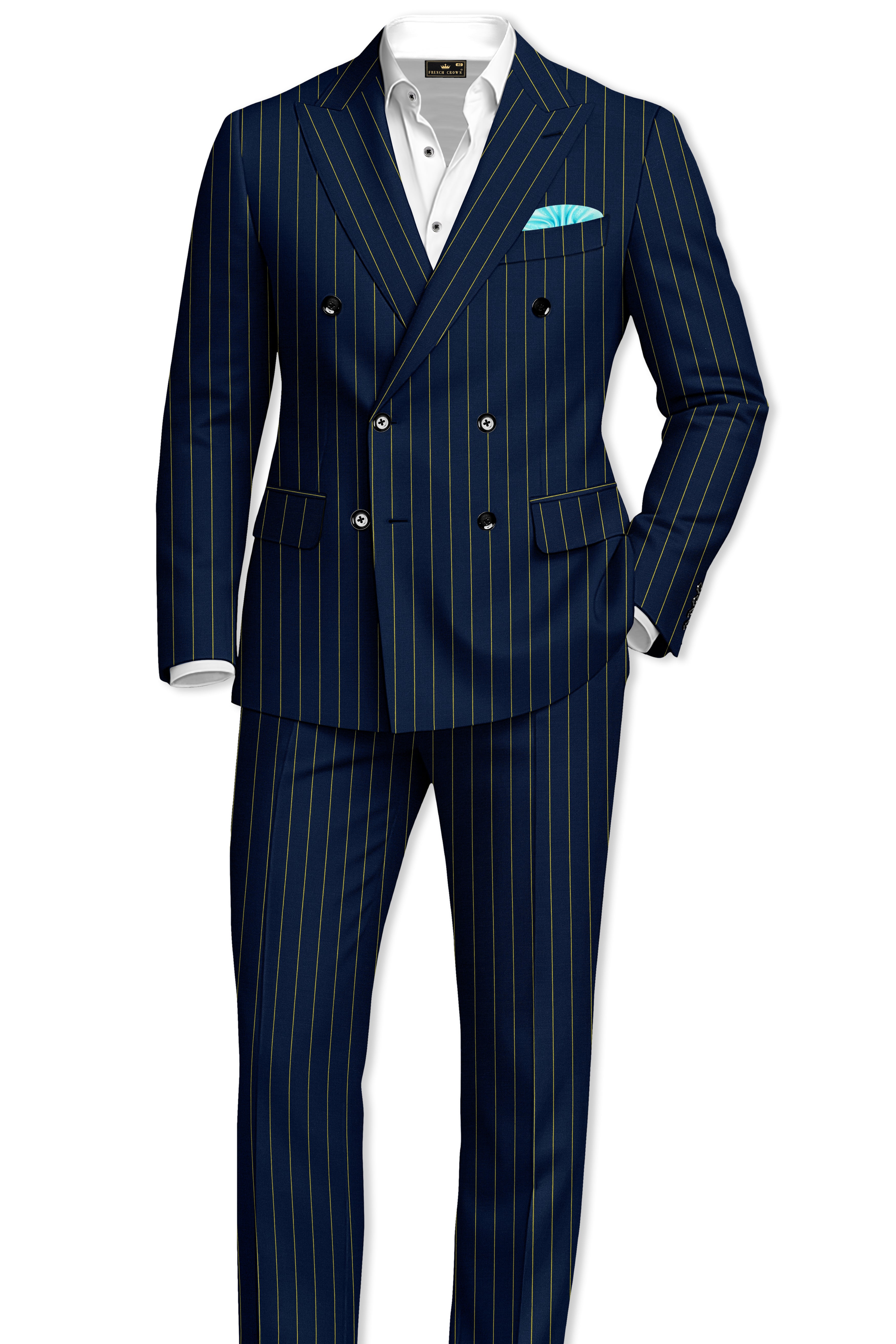 Aurum-Midnight Blue And Harvest Yellow Chalk Striped Wool Rich Slight Stretch Double Breasted Blazer