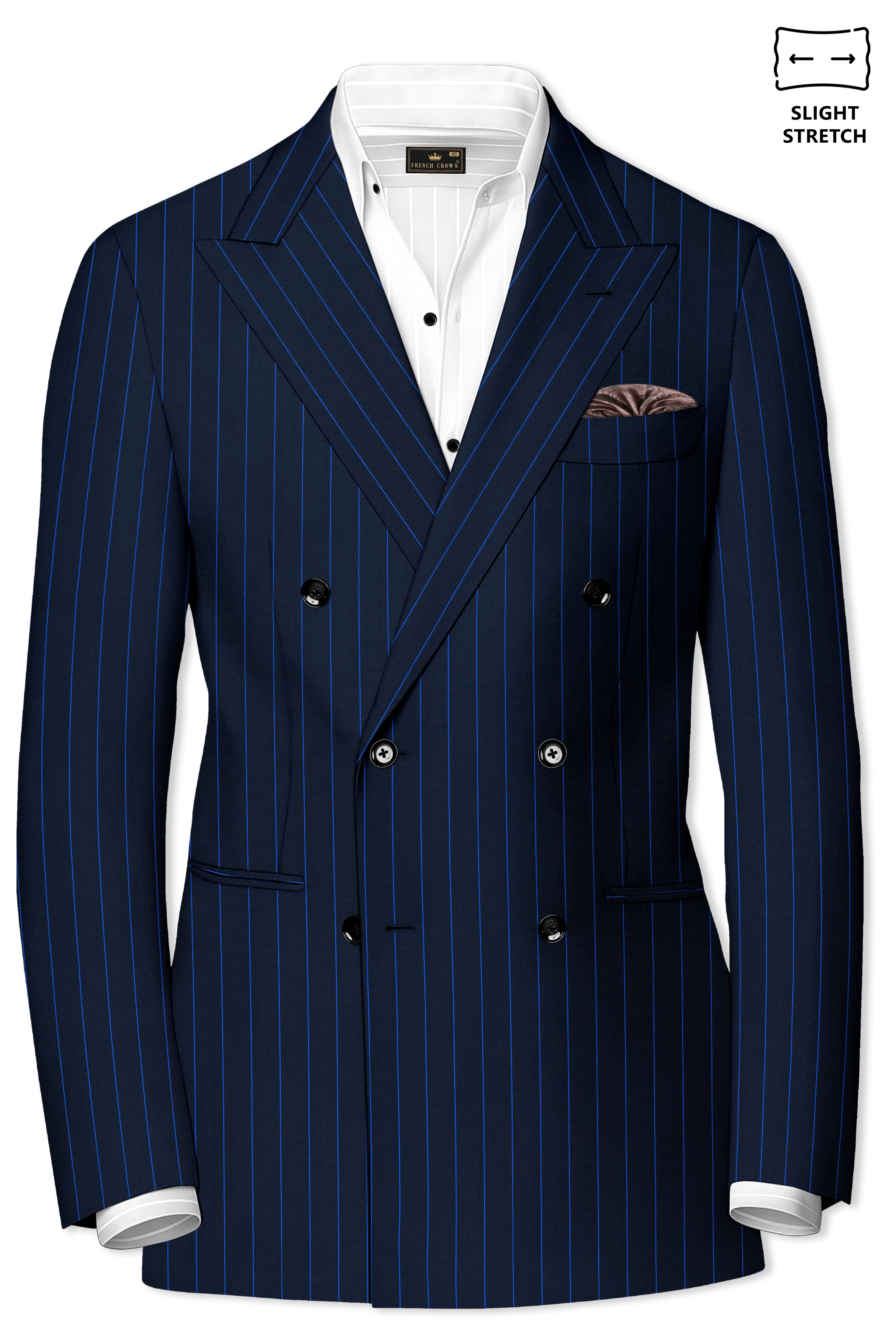 Strivon-Tealish Blue Chalk Striped Wool Rich Slight Stretch Double Breasted Blazer