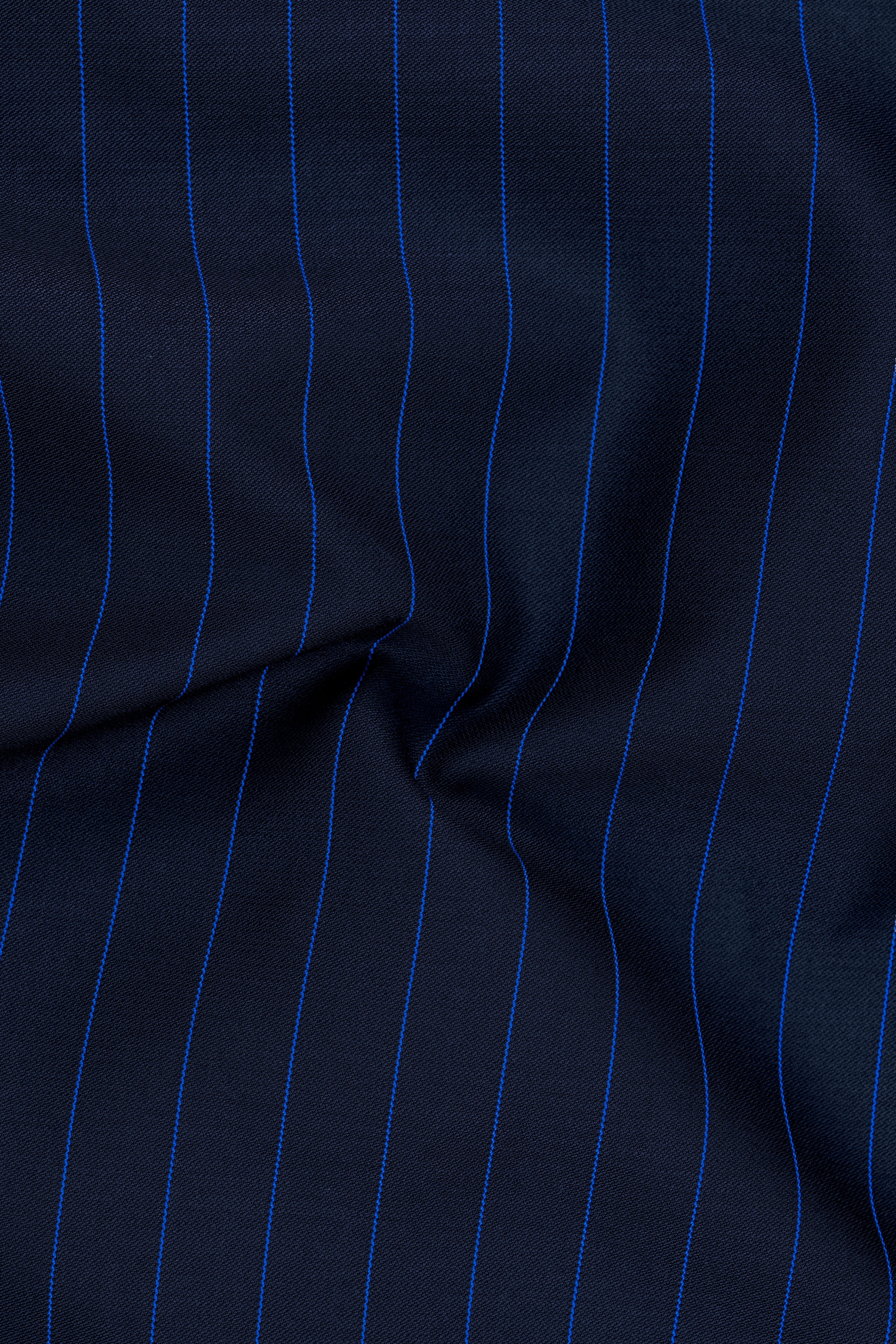 Strivon-Tealish Blue Chalk Striped Wool Rich Slight Stretch Double Breasted Blazer