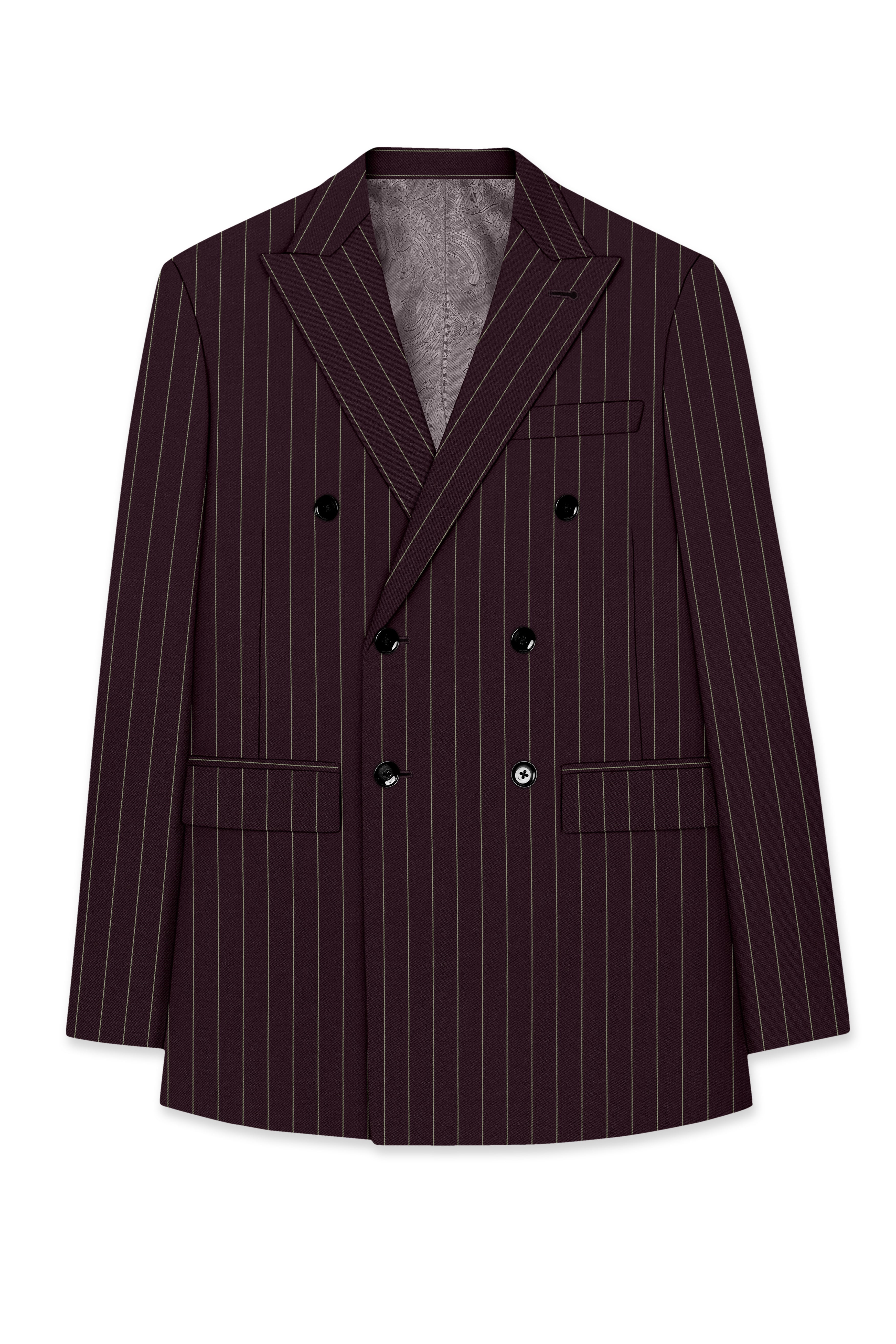 Valiant-Seal Maroon And Bright White Chalk Striped Wool Rich Slight Stretch Double Breasted Blazer