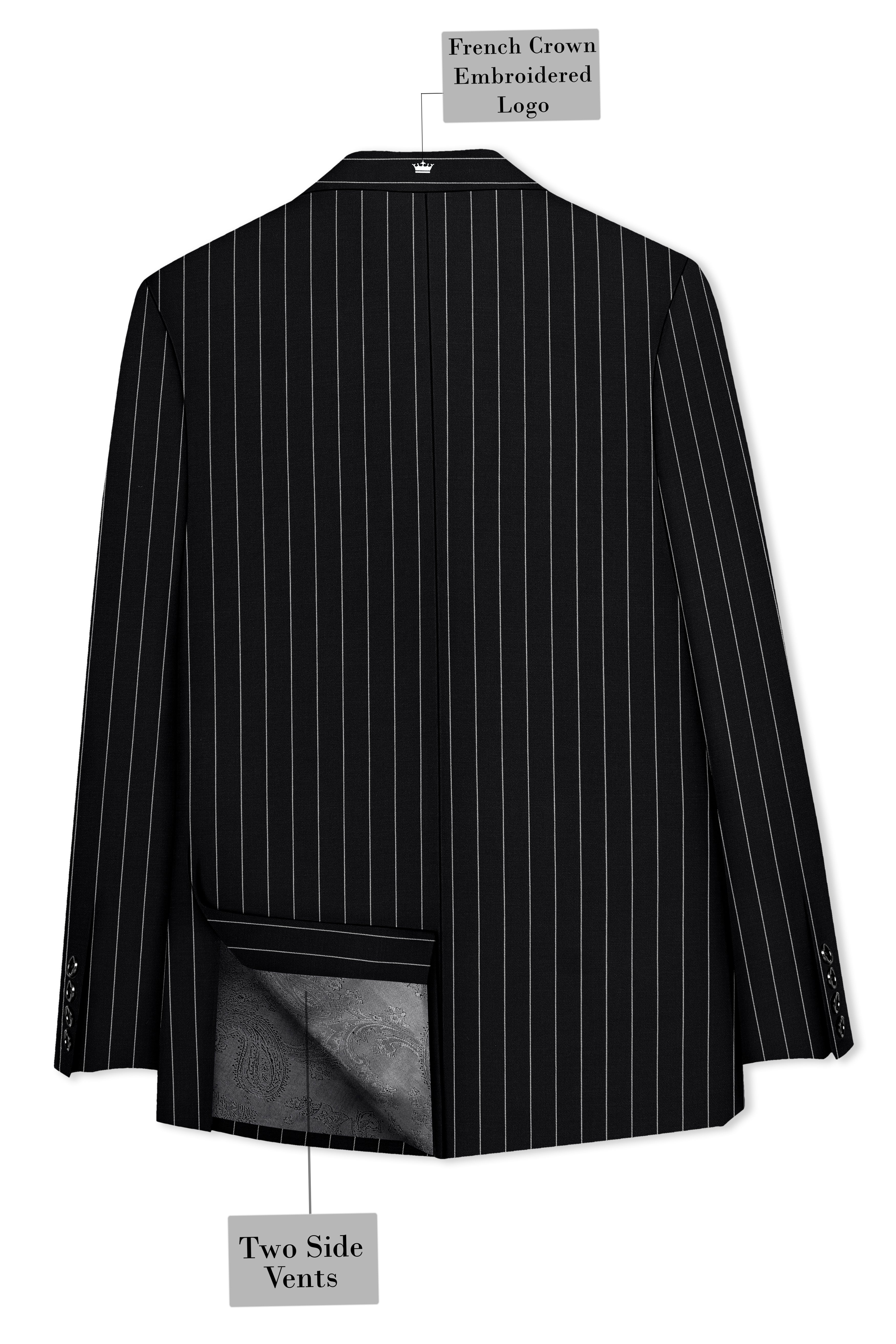 Veritas-Jade Black And Bright White Pin Striped Wool Rich Slight Stretch Double Breasted Blazer