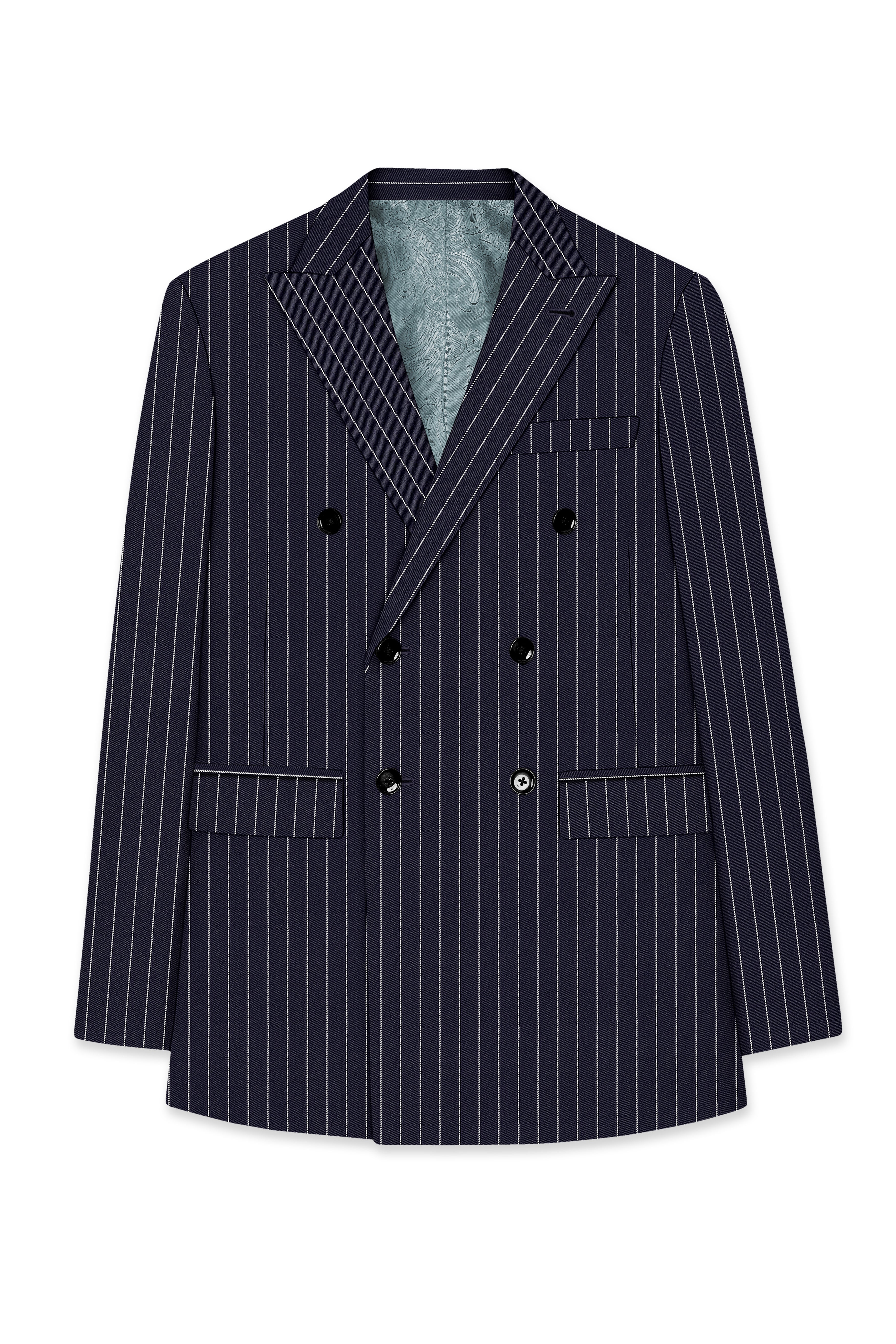 Aurelius-Cinder Blue Bright White Chalk Striped Wool Rich Slight Stretch Double Breasted Blazer