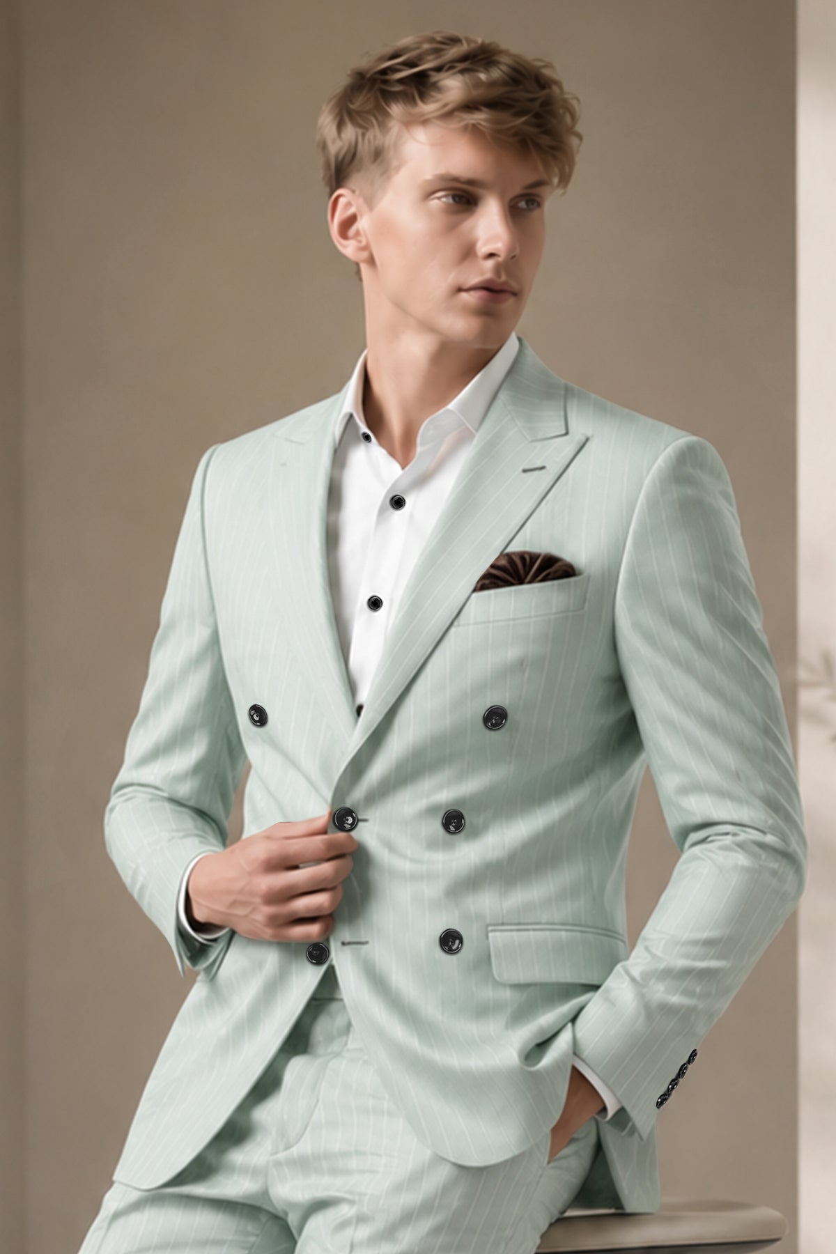 Halcyon-Pale Slate Green Herringbone Striped Wool Rich Slight Stretch Double Breasted Blazer