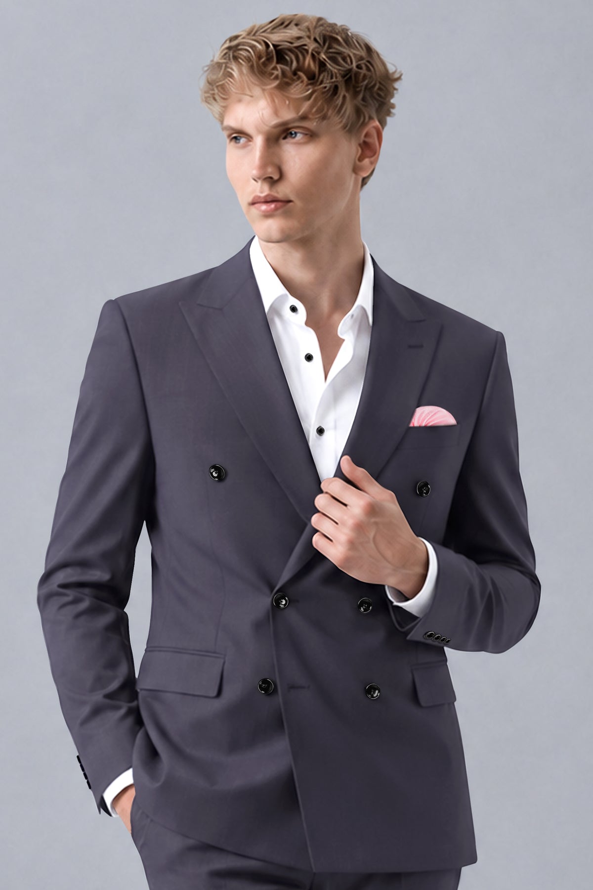 Aeris-Bastilie Gray 4-Way Stretch Wrinkle-Free Fluid Drape Fabric Double Breasted Blazer
