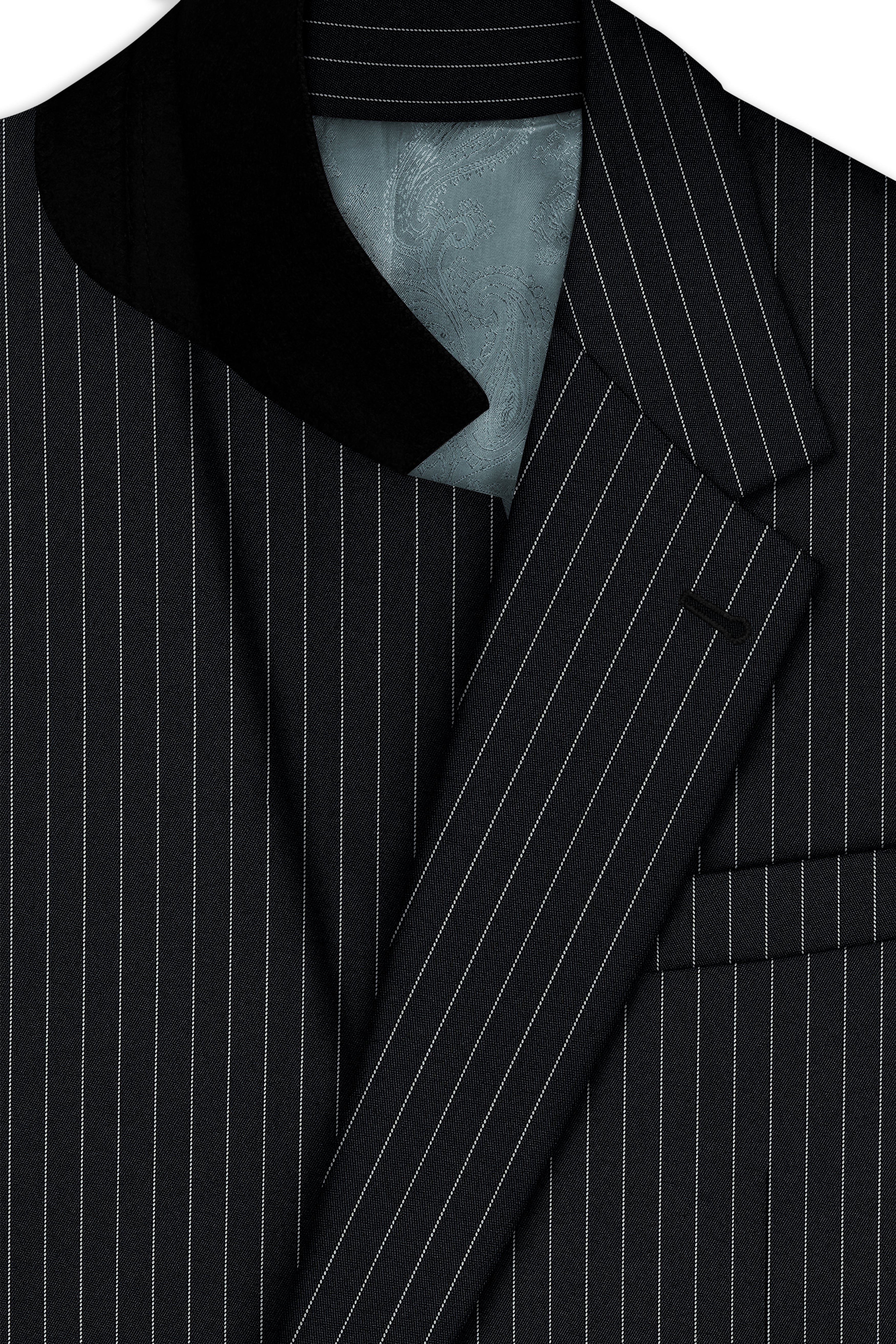 Strivon-Jade Black And Bright White Chalk Striped Wool Rich Slight Stretch Single Breasted Blazer