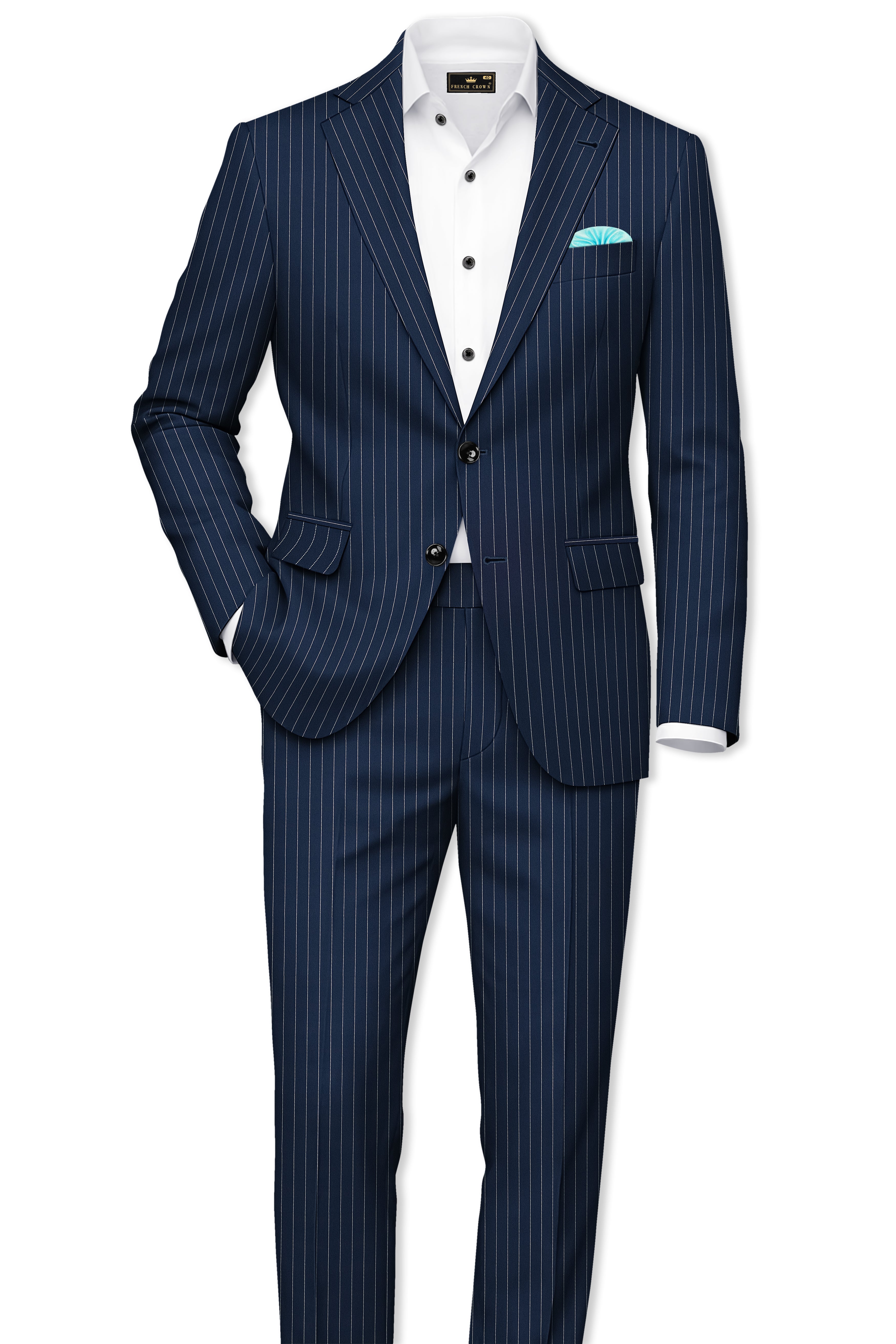 Veritus-Zodiac Blue And Bright White Chalk Striped Wool Rich Slight Stretch Single Breasted Blazer