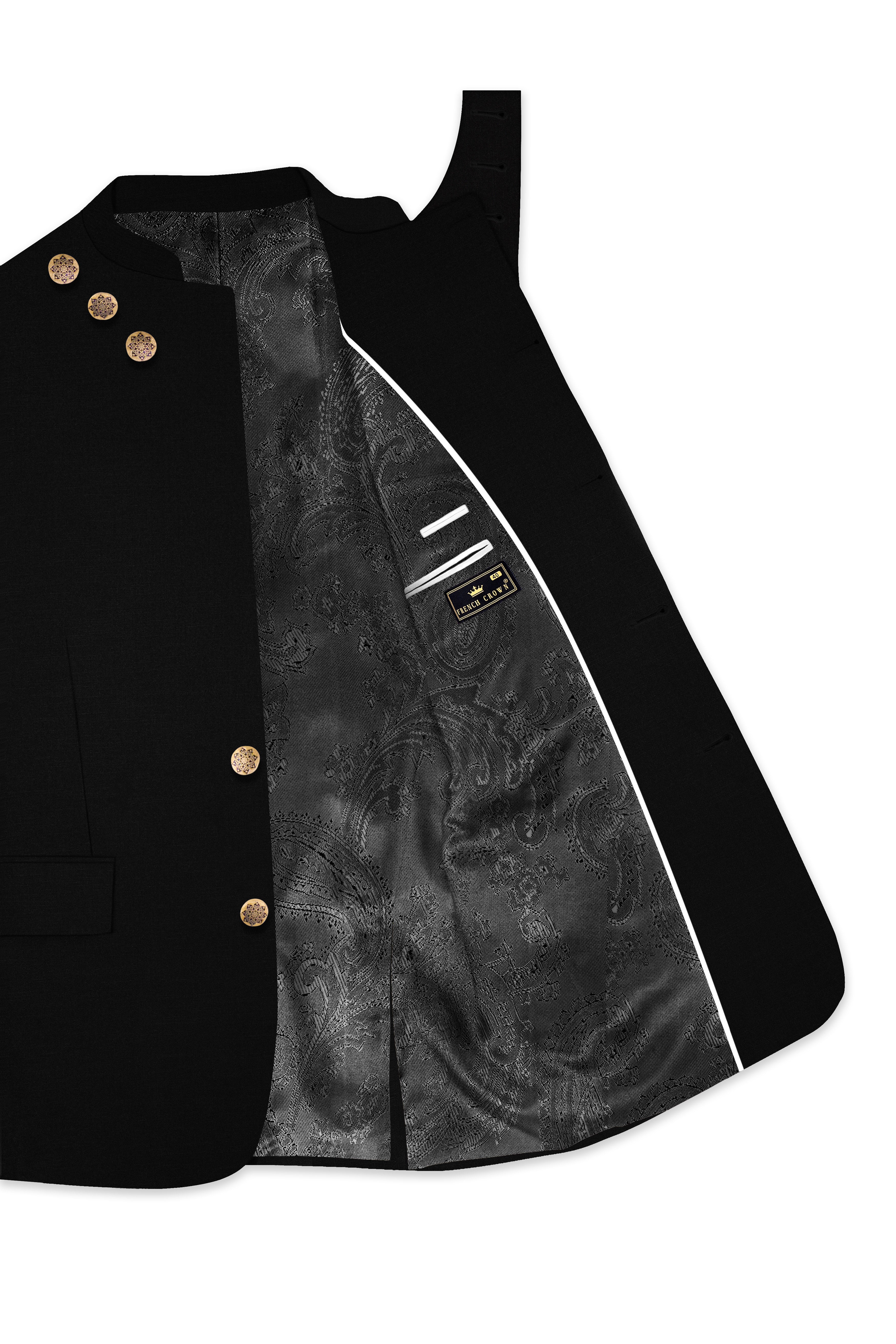 Jade Black Stretchable Subtle Sheen Cross Placket Bandhgala/Mandarin wool blend Designer Blazer
