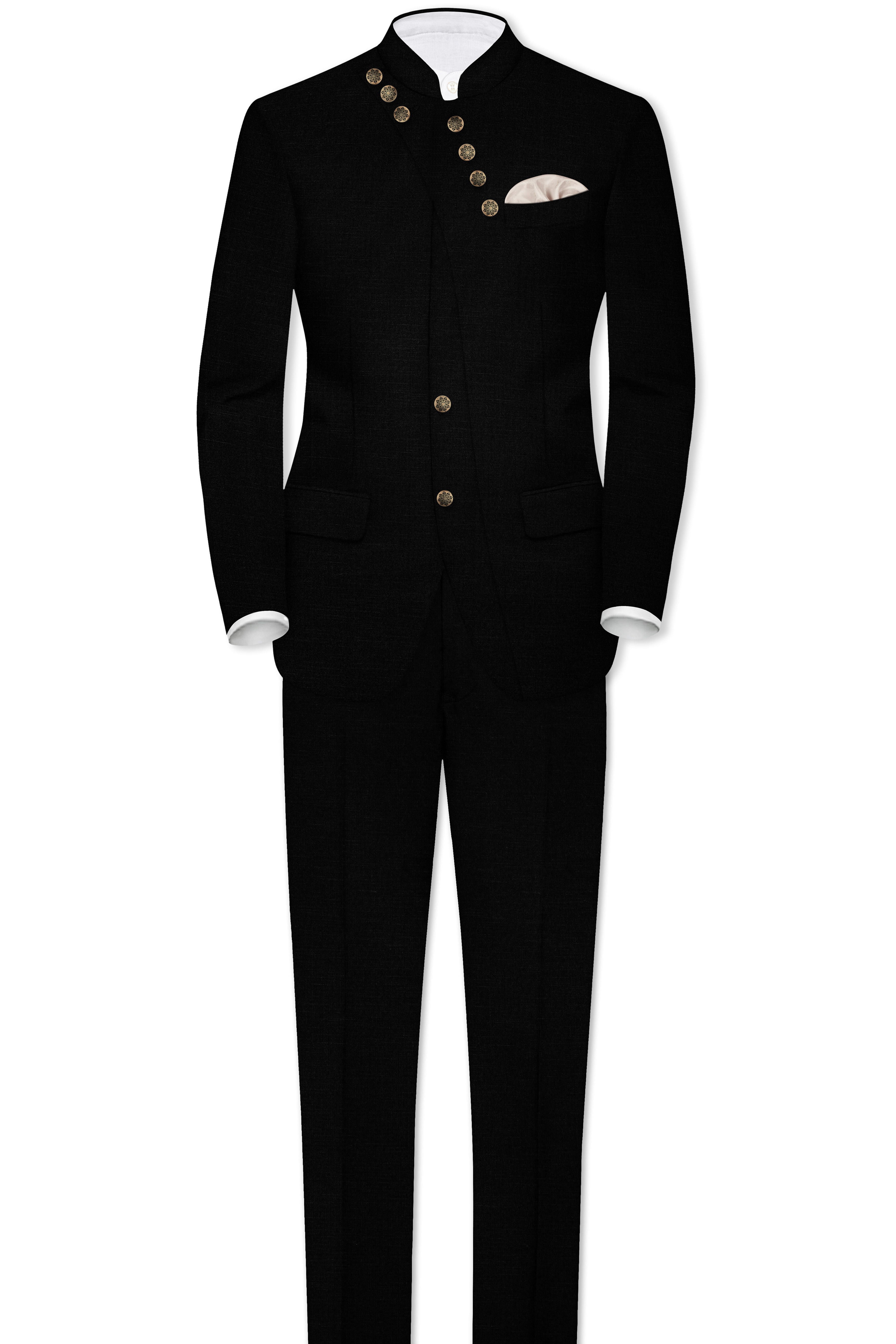 Jade Black Stretchable Subtle Sheen Cross Placket Bandhgala/Mandarin wool blend Designer Blazer