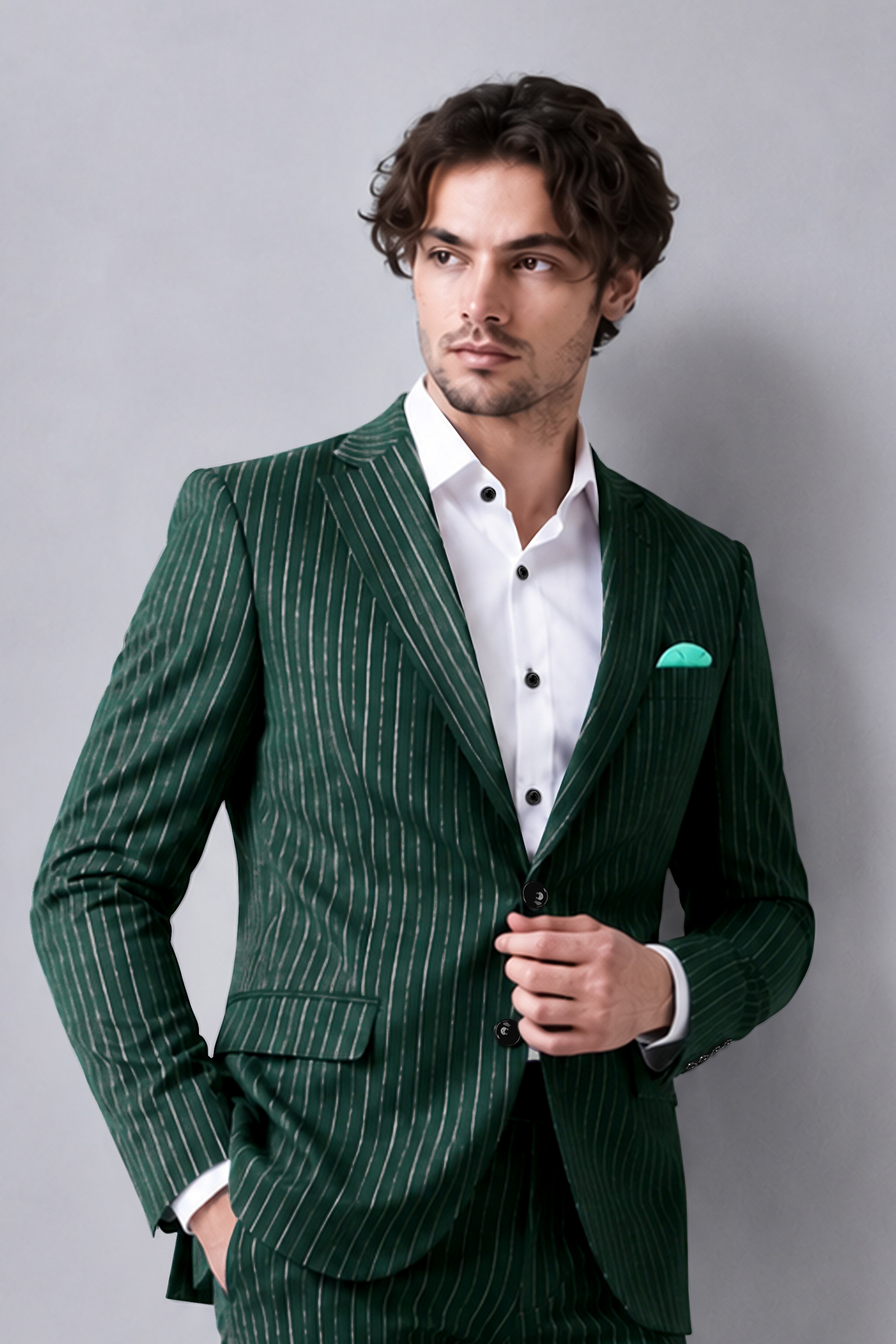 Arbor-Timber Green Herringbone Striped Wool Rich Slight Stretch Single Breasted Blazer