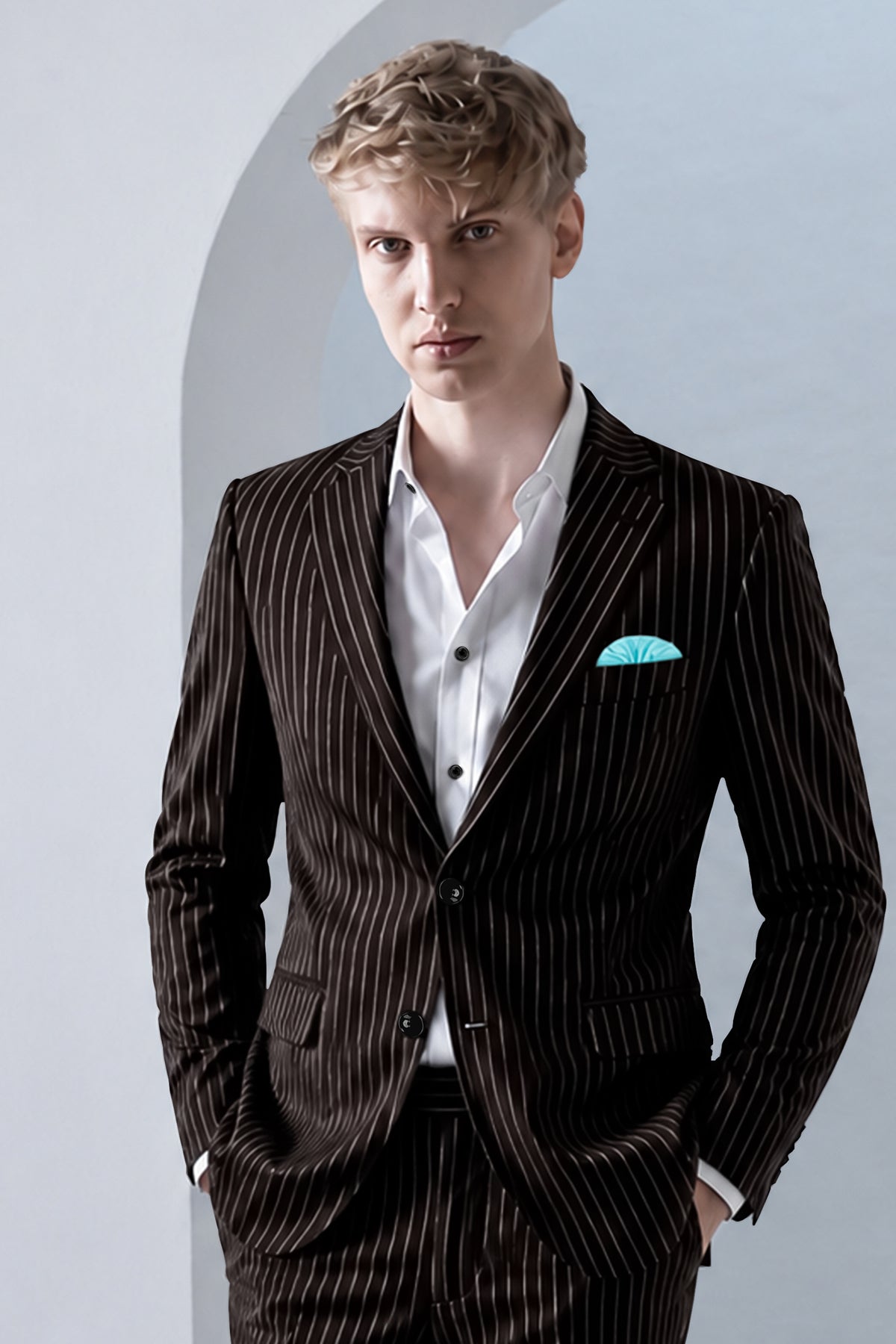 Bastion-Gondola Brown And Bright White Chalk Striped Wool Rich Slight Stretch Single Breasted Blazer