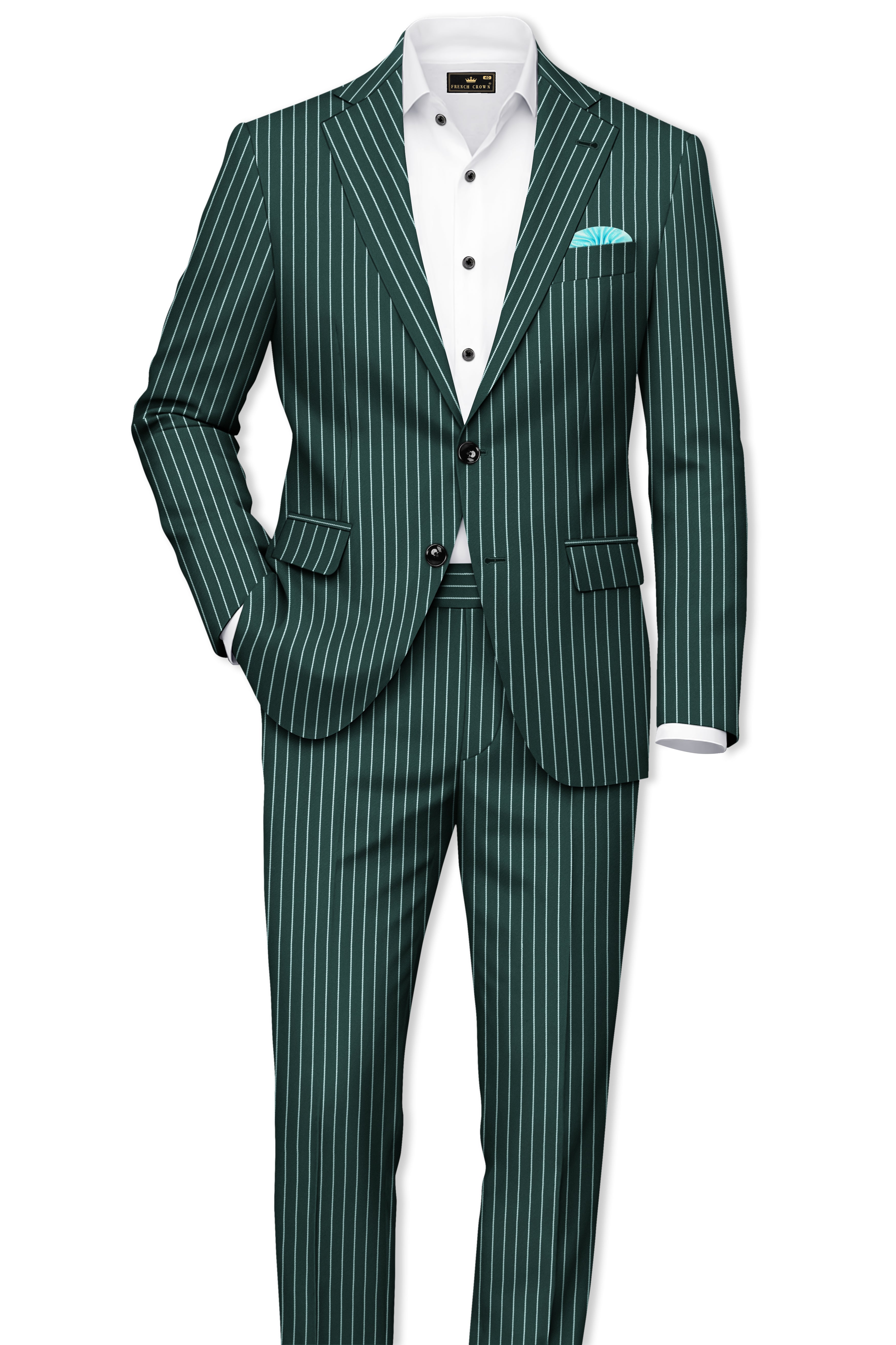 Forenza-Jungle Green And Bright White Chalk Striped Wool Rich Slight Stretch Single Breasted Blazer