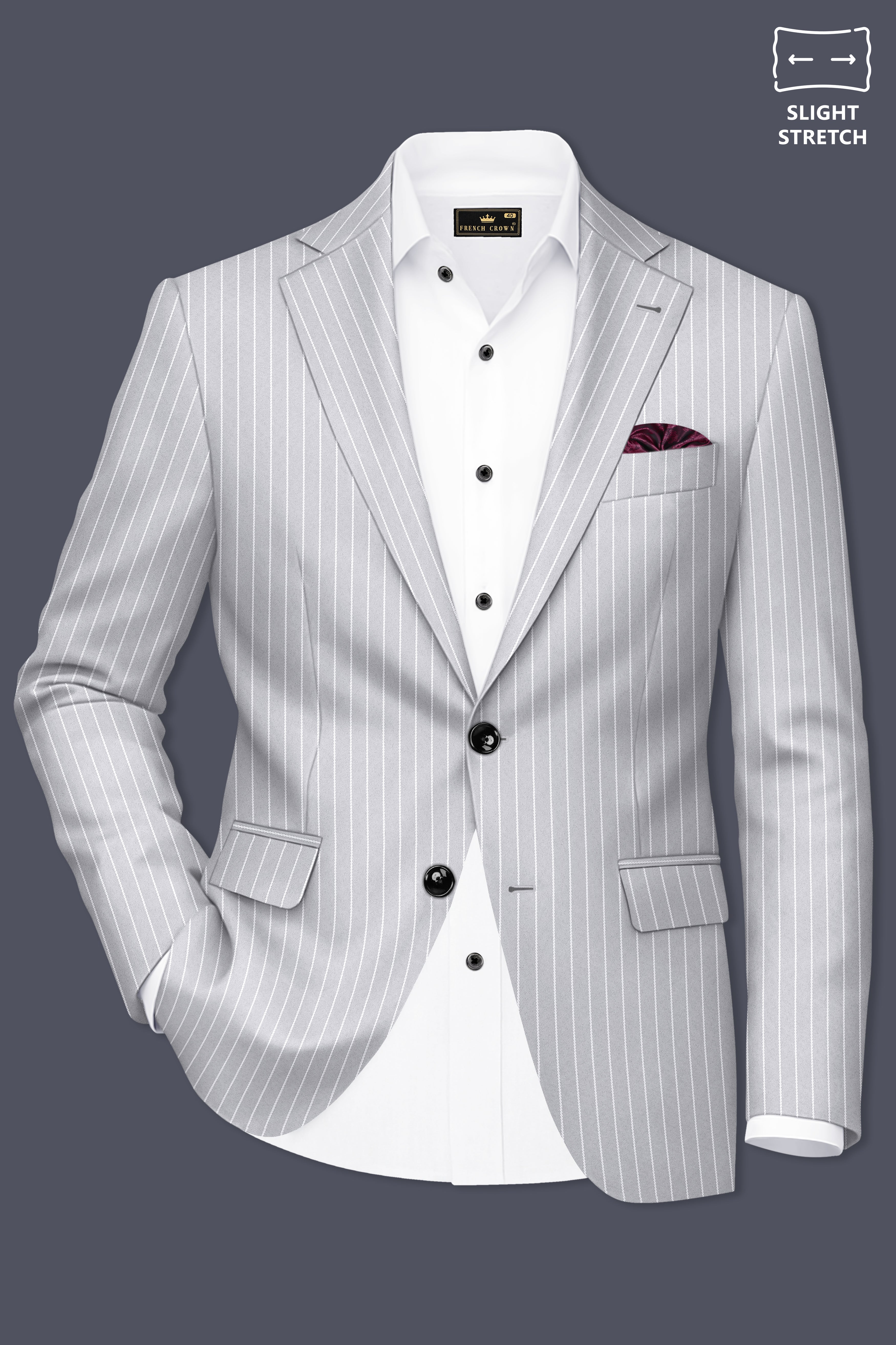 Sterlan-Goose Gray And Bright White Chalk Striped Wool Rich Slight Stretch Single Breasted Blazer