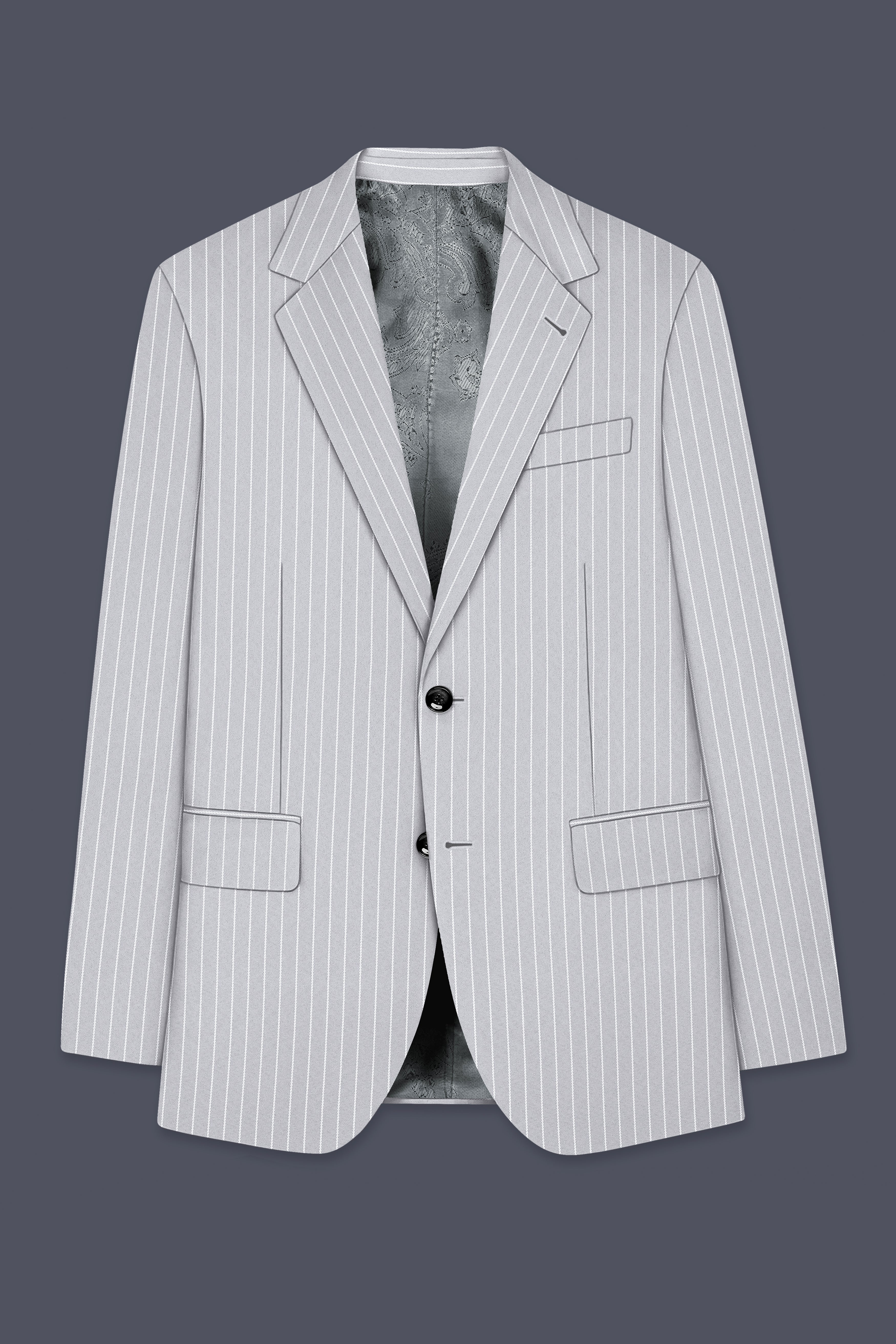 Sterlan-Goose Gray And Bright White Chalk Striped Wool Rich Slight Stretch Single Breasted Blazer